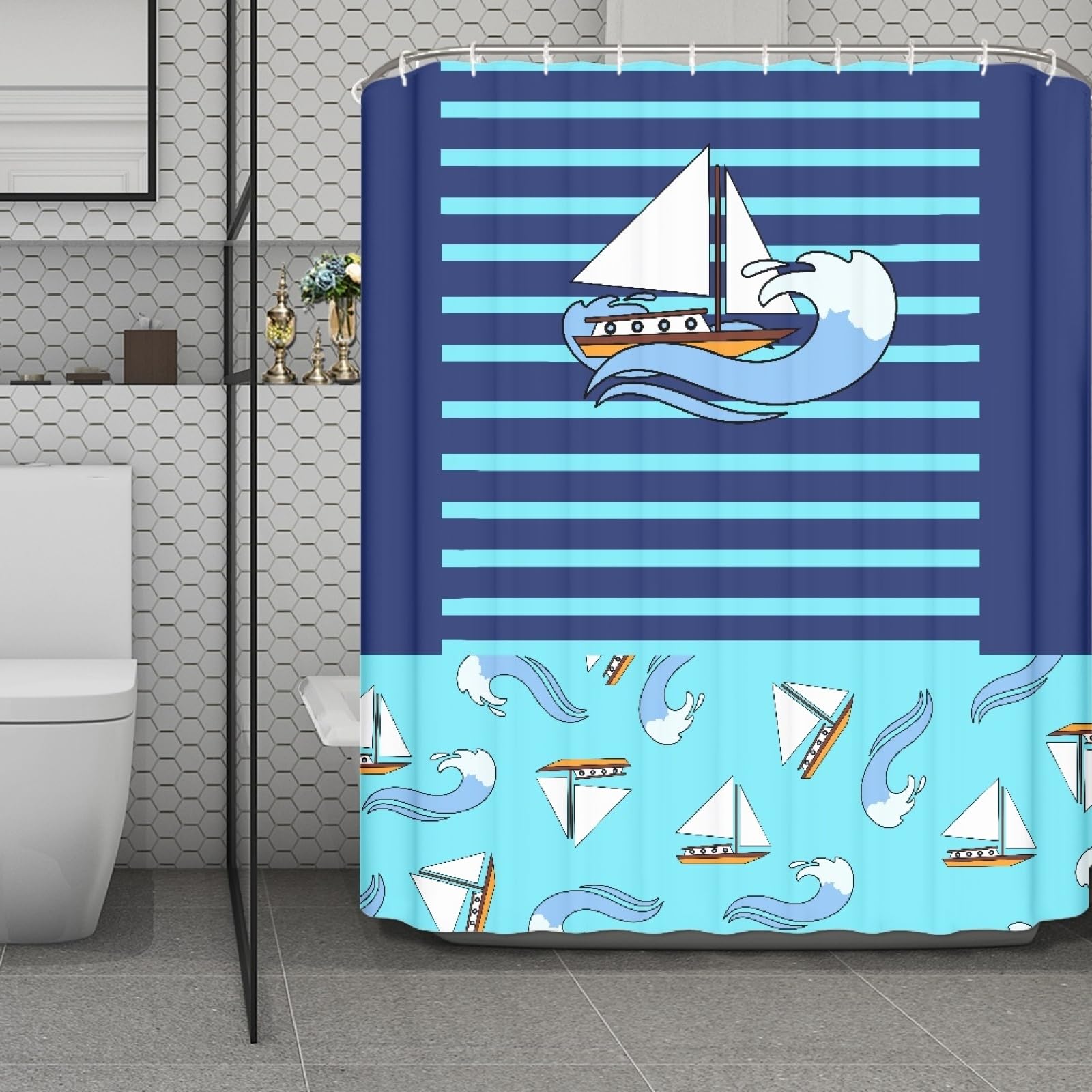 Rideau de douche 180x220 en tissu polyester blanc et bateau jaune pour baignoire