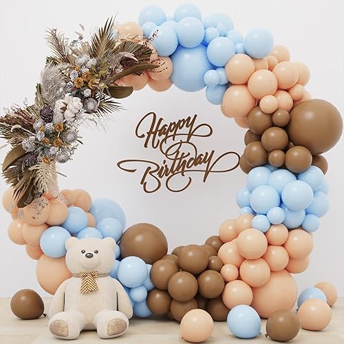 Miniatura 6 de RUBFAC Kit de arco de guirnalda de globos marrones y azules, decoración de oso para baby shower con globos bohemios marrones y azules para