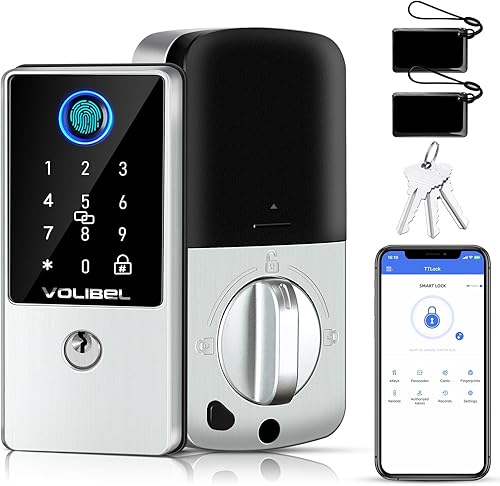 VOLIBeL Cerradura inteligente, cerradura de puerta de entrada sin llave 7 en 1 con huella digital, control remoto y de voz, bloqueo automático,