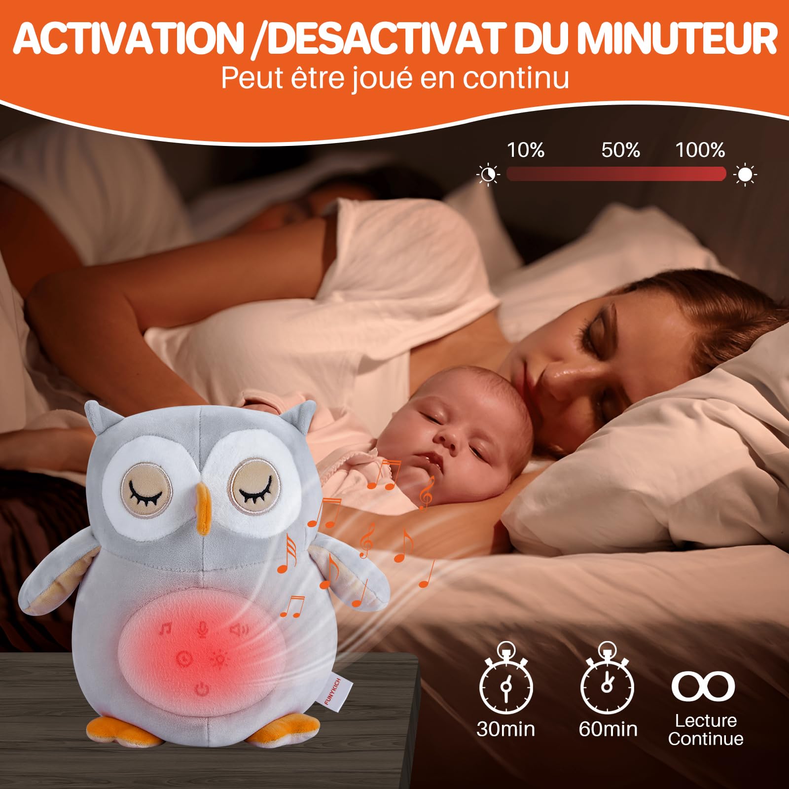 FUNYKICH Peluche Hibou Apaisante Hochets Apaisants avec Bruit Blanc pour Bébé Jouet Musical Lumineux pour Nourrissons Veilleuse Peluche Lavable en Machine avec Partie Détachable