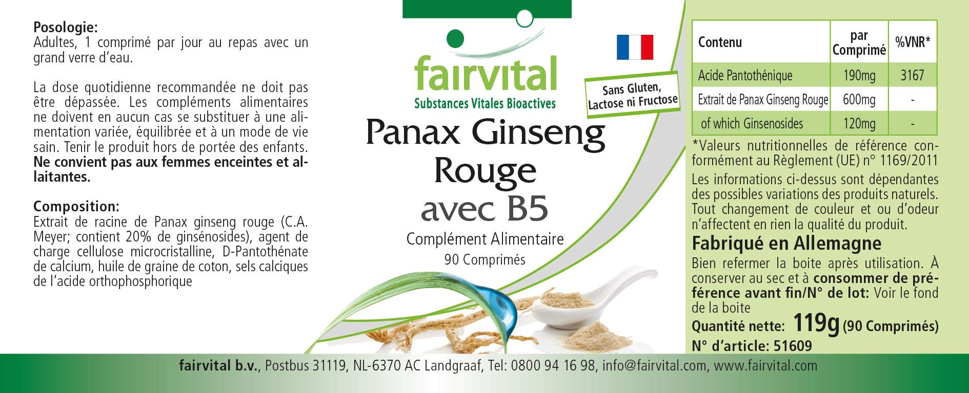 fairvital Extracto de ginseng rojo Panax + vitamina B5-90 comprimidos, con 600mg de extracto de ginseng coreano, ALTA DOSIS, VEGANO