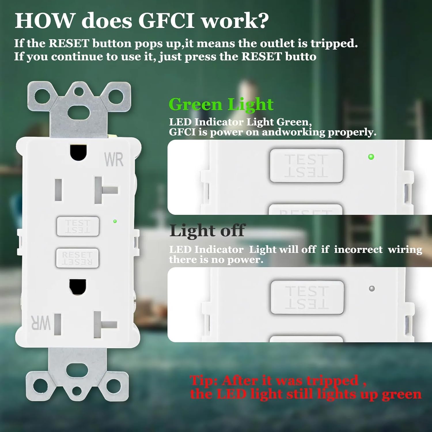 4 Pack GFCI Outlet 20a Low Profile GFI Electrical Outlet Thinner Design Weatherproof with LED Indicator UL Listed, 20 amp Ground Fault Circuit Interrupters Outlet GFCI Receptacle with Plate & Screw