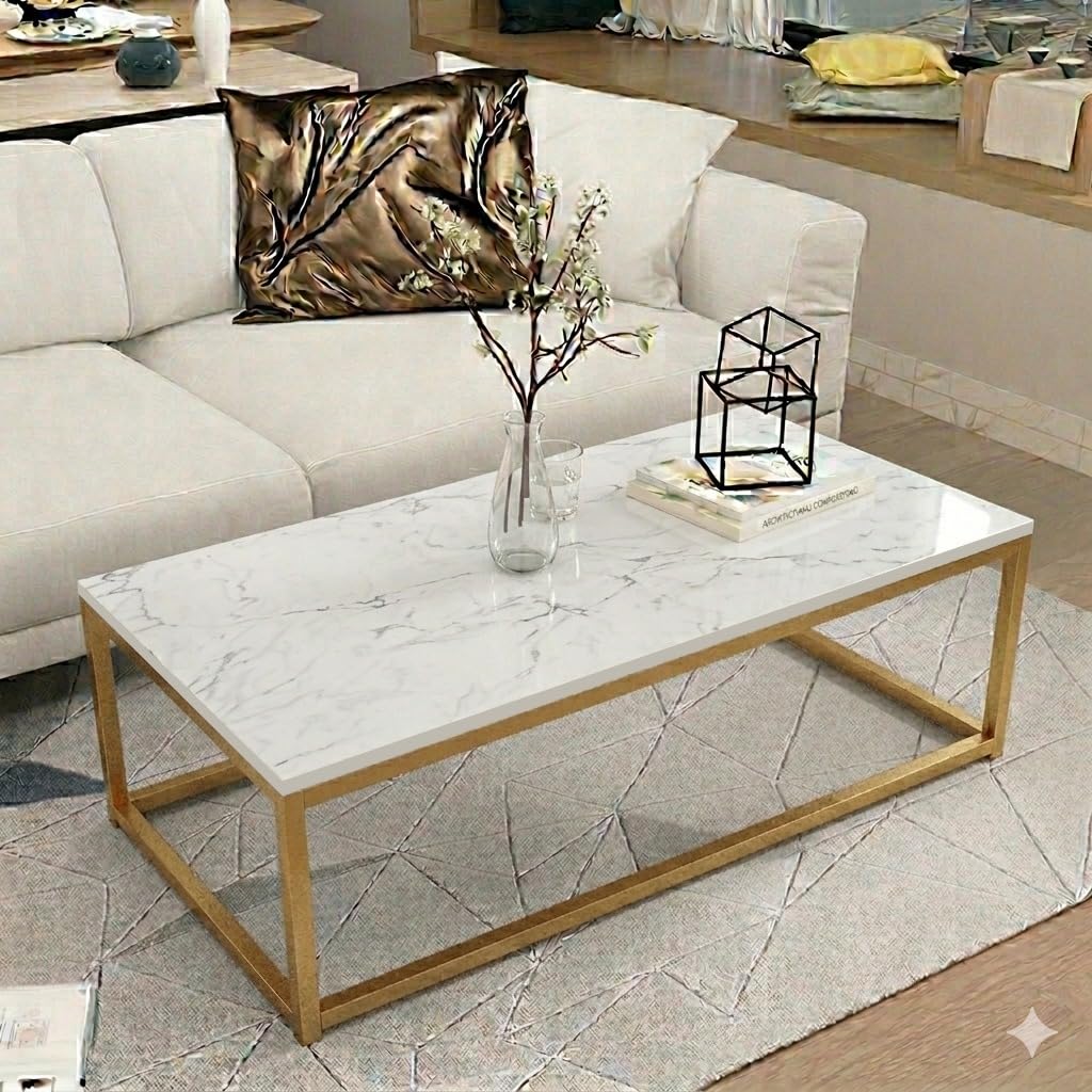 Shoppee Rectangular Center Table with Engineered Wooden Top & Gold Metal Frame, Cocktail Sofa Table Living Room, Elegant Coffee Table – for Home, Office, Dining (White & Gold)-image-30