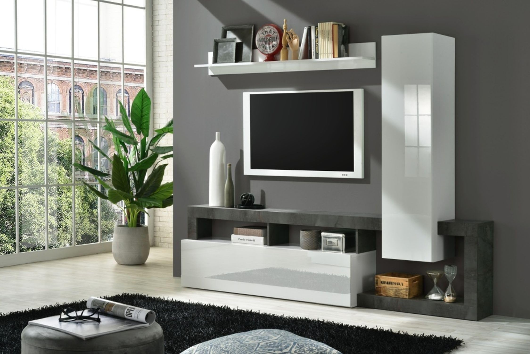 Web Convenienza Parete TV Hamburg Bianco Lucido Attrezzata - Mobile Televisore in Legno con Pensili ad Ante a Ribalta Moderno (1 Pensile Alto, Ossido)