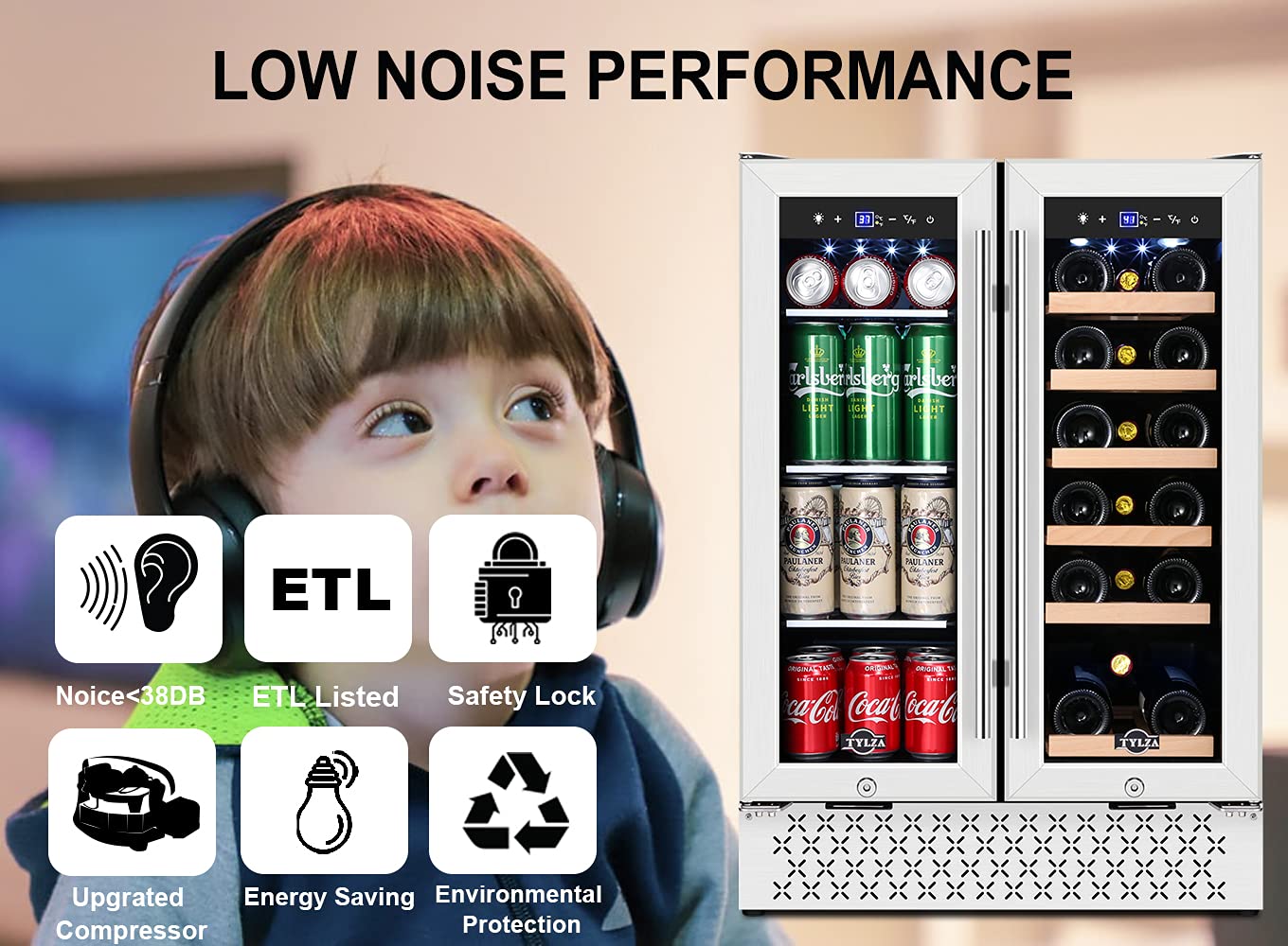 TYLZA Wine and Beverage Refrigerator, 24 Inch BuiltIn Dual Zone Wine