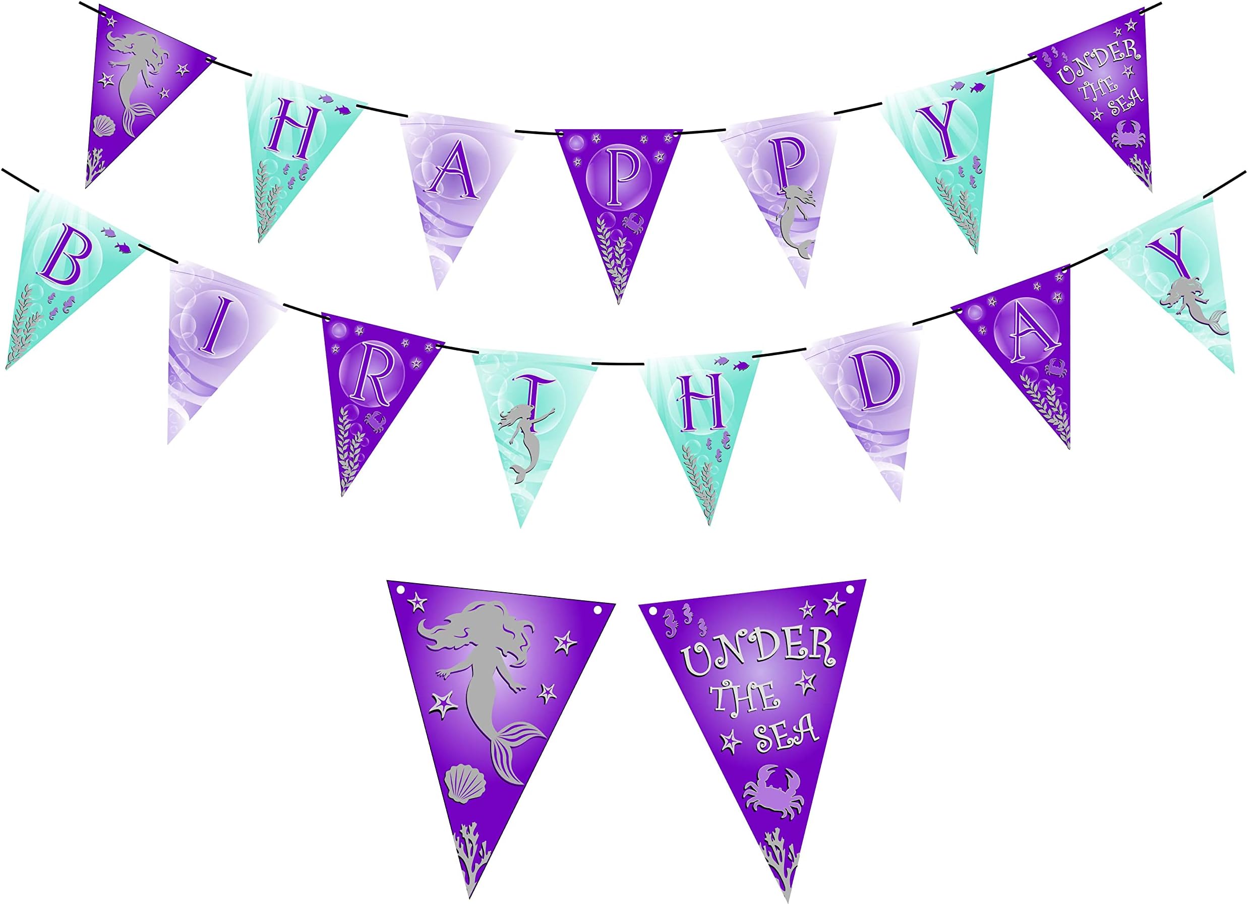 Gypsy Jade's Mermaid Inspired Under the Sea Party Happy Birthday Banner - Purple, Lavender and Aqua Pennant Flags