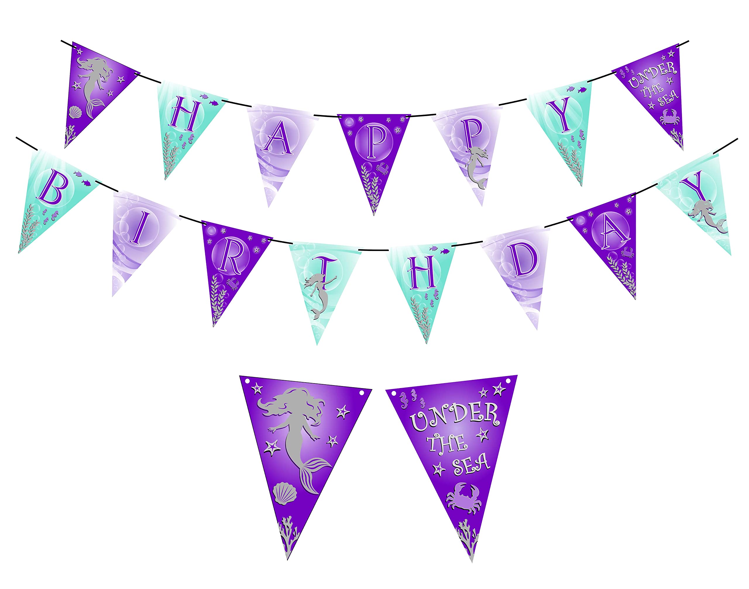 Gypsy Jade's Mermaid Inspired Under the Sea Party Happy Birthday Banner - Purple, Lavender and Aqua Pennant Flags