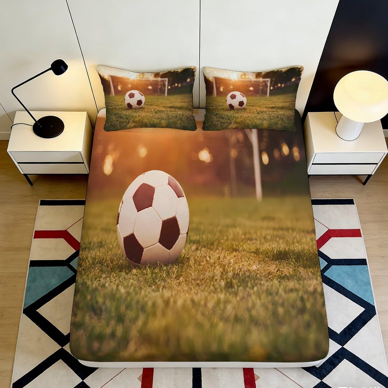 3D Printed Football Field Fitted Sheet Microfiber Deep Pocket Non-Slip Soccer Mattress Fitted Cover Washable for Bedroom 200x200x25cm 90x200x25cm
