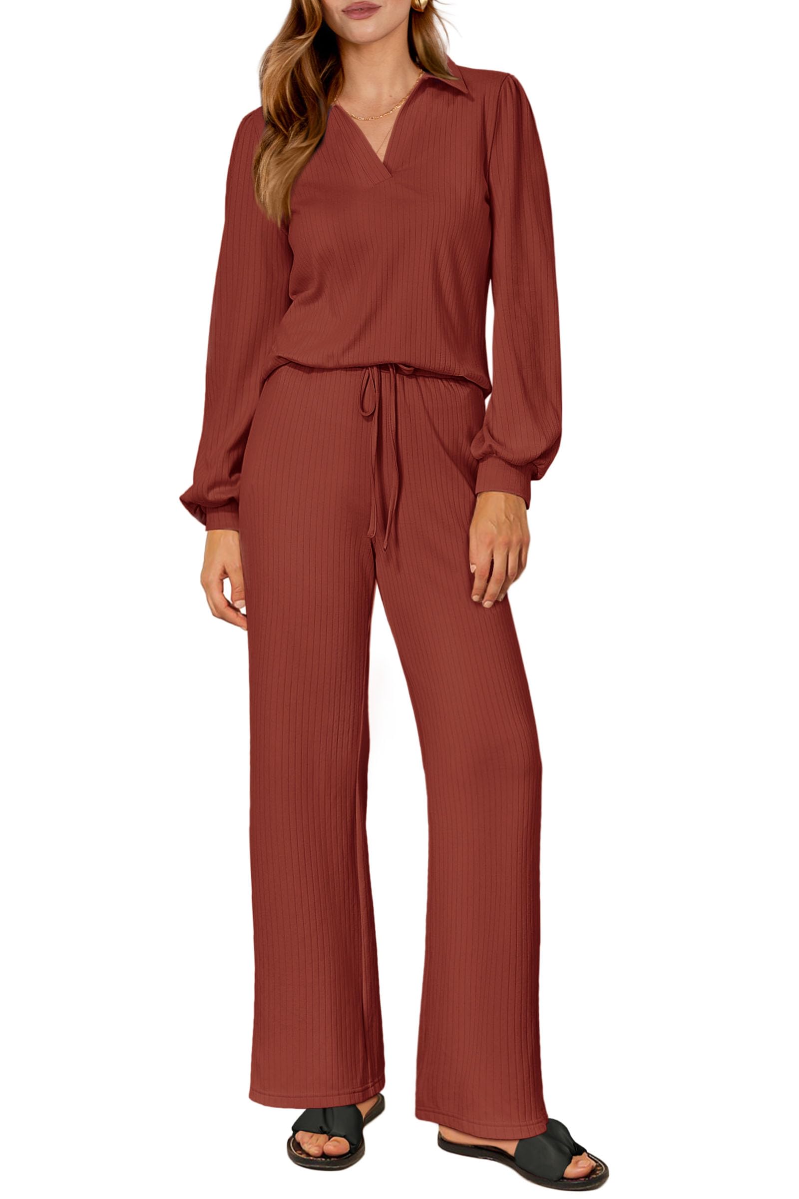 PRETTYGARDENWomens 2023 Fall Clothes Two Piece Outfit Set Long Sleeve Lapel V Neck Tops Blouses Wide Leg Pants Tracksuit