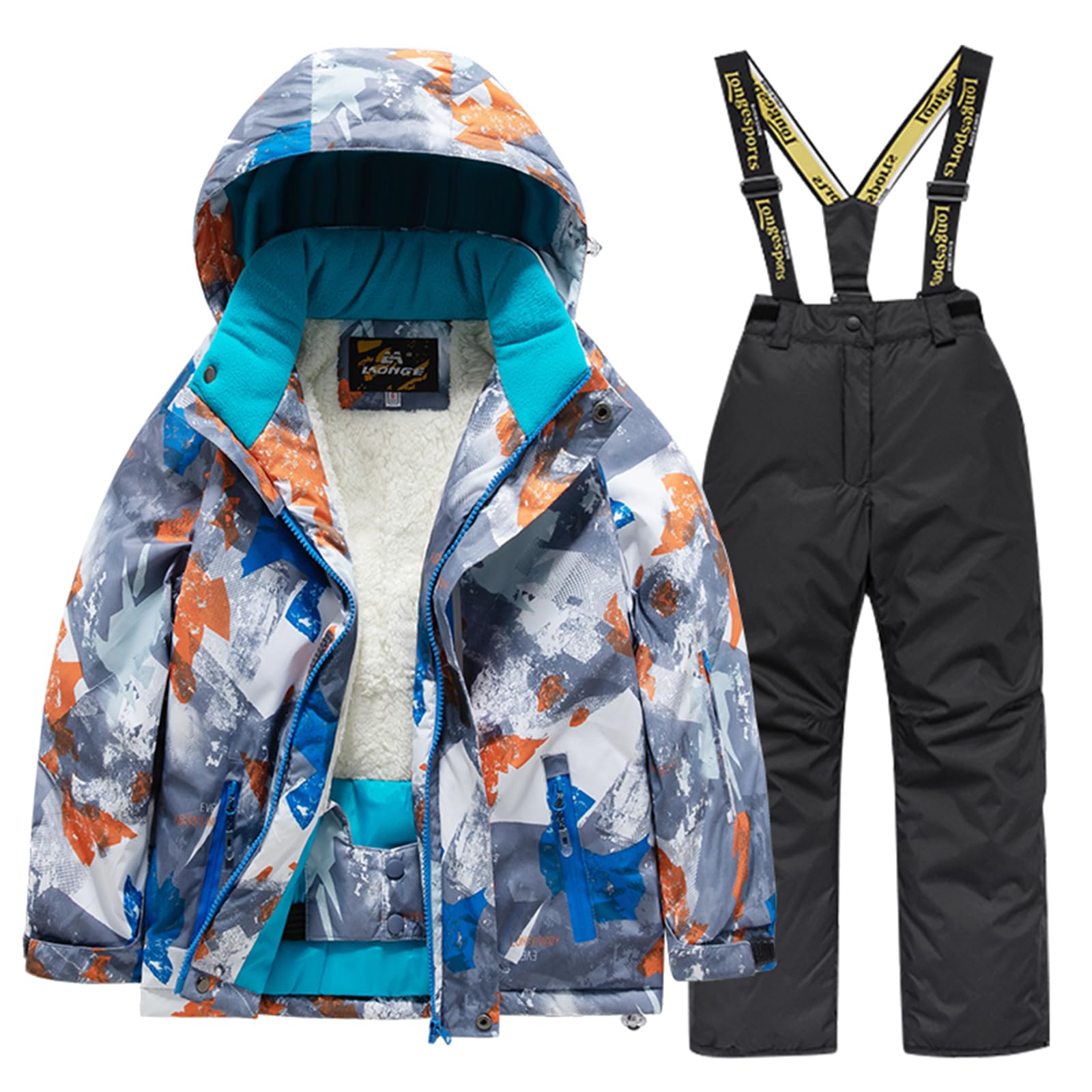 Skianzug Kinder mit Kapuze Winddicht und Wasserdichter Schneeanzug Jungen Mädchen Skianzug Zweiteilig Kinder Warme Skijacke + Skihose