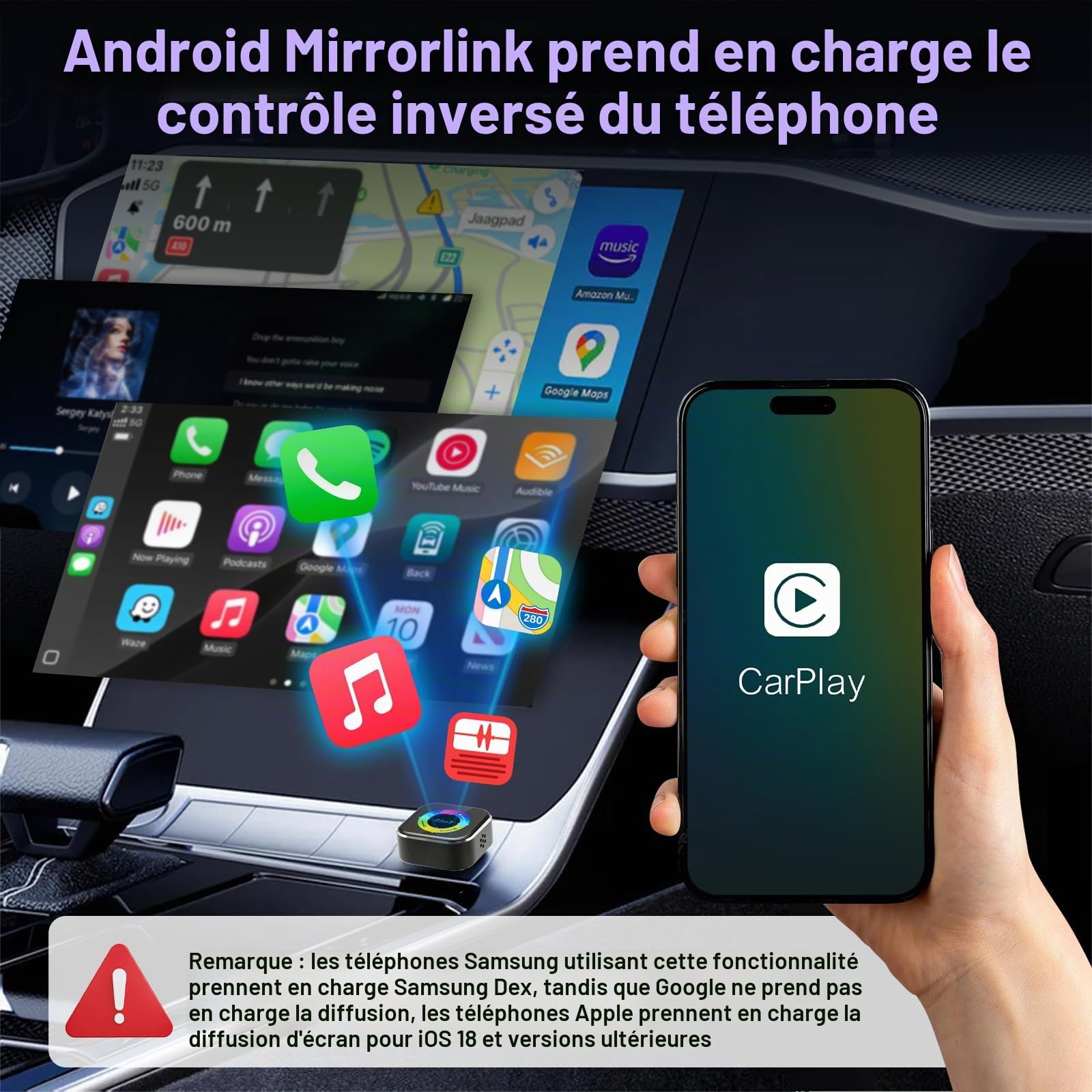 Adaptateur sans Fil CarPlay 4 en 1 - Filaire vers sans Fil pour Car-Play & Android Auto avec Mirror Link & AirPlay, Module CarPlay sans Fil Plug & Play pour téléphone et Android, Voitures à partir de