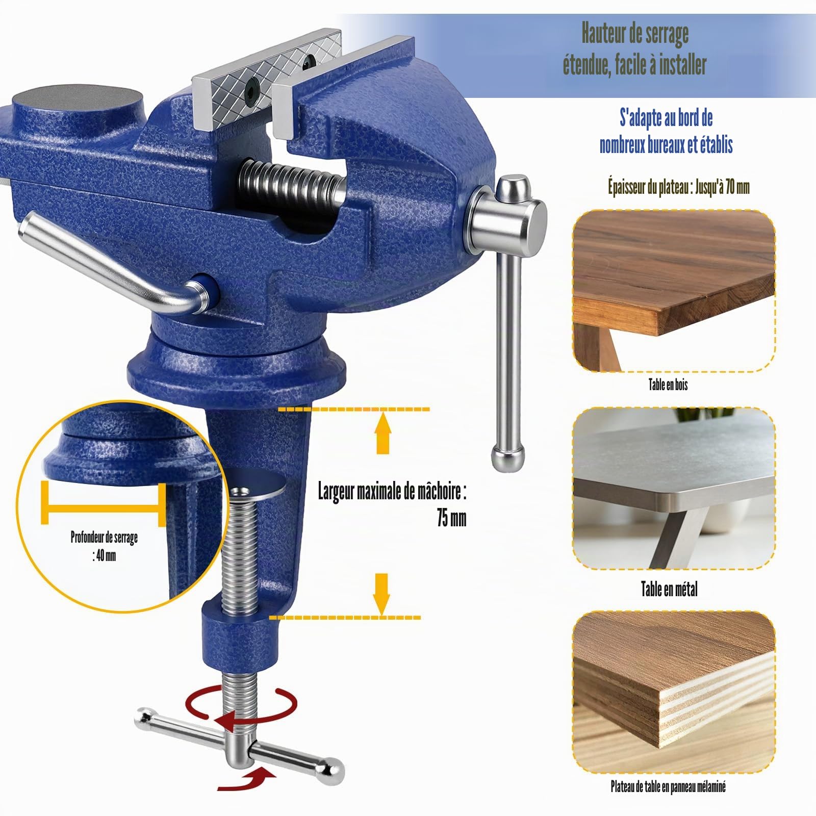 Etau d'établi Pivotant à 360°, 70mm Étau de Table a Pince avec Protections de Mâchoires, pour Travail du Bois, Perçage, Coupe et Polissage