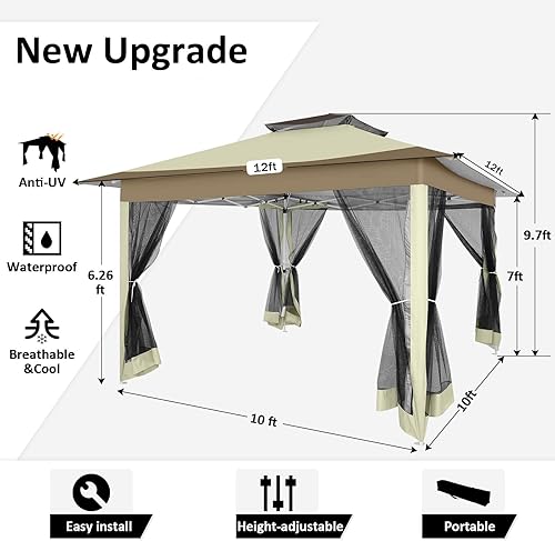 Miniatura 3 de COBIZI Gazebo desplegable de 12 x 12 pulgadas, toldo de metal impermeable para exteriores, kiosco portátil con mosquiteros, 4 cuerdas, 8 estacas y