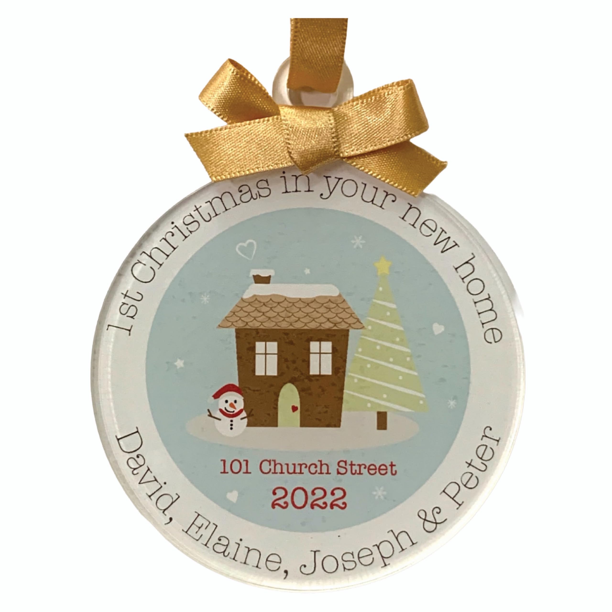 First Christmas In A New Home Bauble Personalised Decoration Ornament (Gold Ribbon)