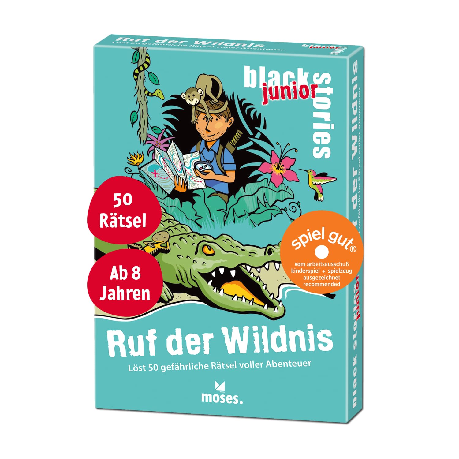 moses 90091 Black Stories Junior Call of the Wilderness 50 Dangerous Full Adventure, The Puzzle Card Game Two Game Variations, Puzzle Game for Children from 8 Years, White