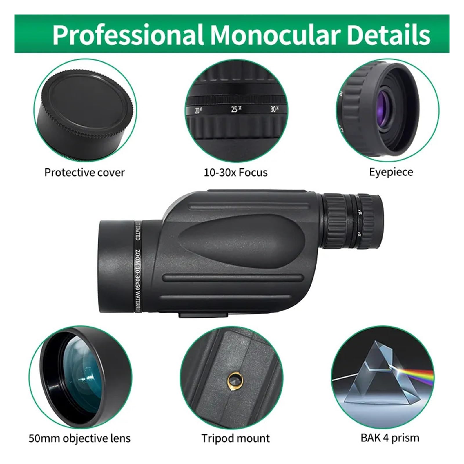 Telescopio Zoom HD 10-30X50 Monocolo Professionale Potente Long Ranger Da Campeggio For Caccia Da Viaggio Con Treppiede(10-30x50 B)