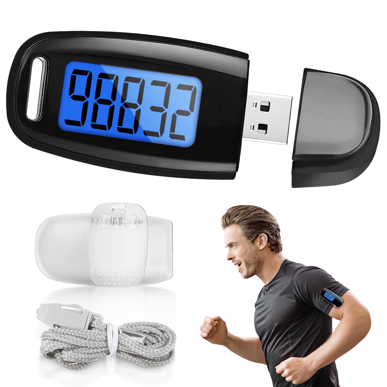 3D Walking Pedometer, 3D Step Counter Simple Step Tracker Sports Pedometer USB Rechargable Step Counter Pedometer for Walking Real-time Track Steps for Men Women Children (With Rope and Back Buckle)