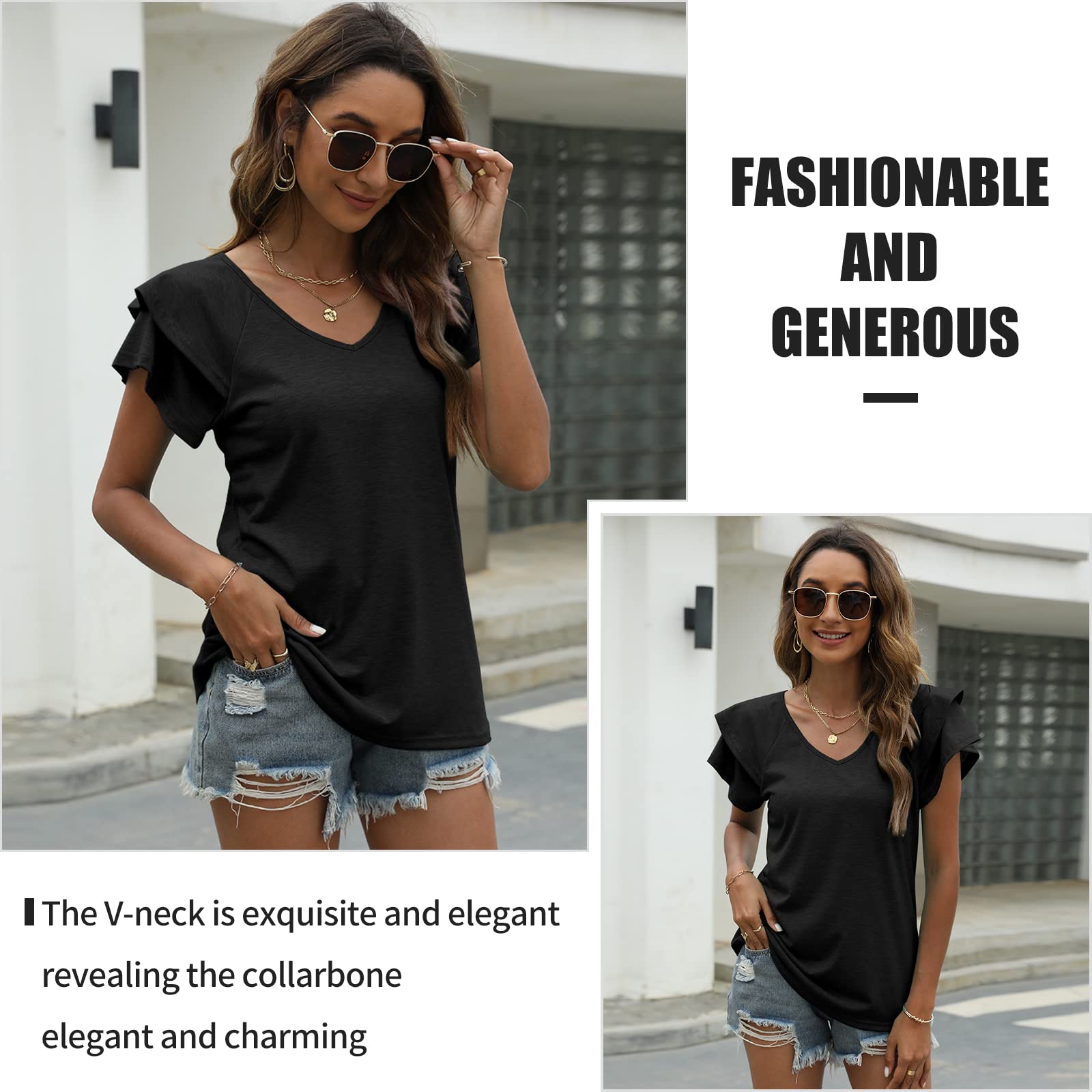 T Shirt Donna Estive con Scollo a V e Balze Manica Corta Magliette Donna Elegante Rilassato Bluse e Camicie da Donna