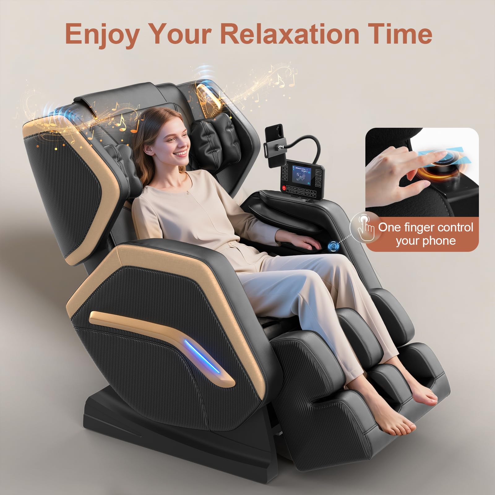 Sillón de Masaje, sillón para Todo el Cuerpo, 14 Rodillos, Calefacción para Espalda y piernas, Masaje de pies, 8 airbags, Altavoces Bluetooth, Mando a Distancia táctil par