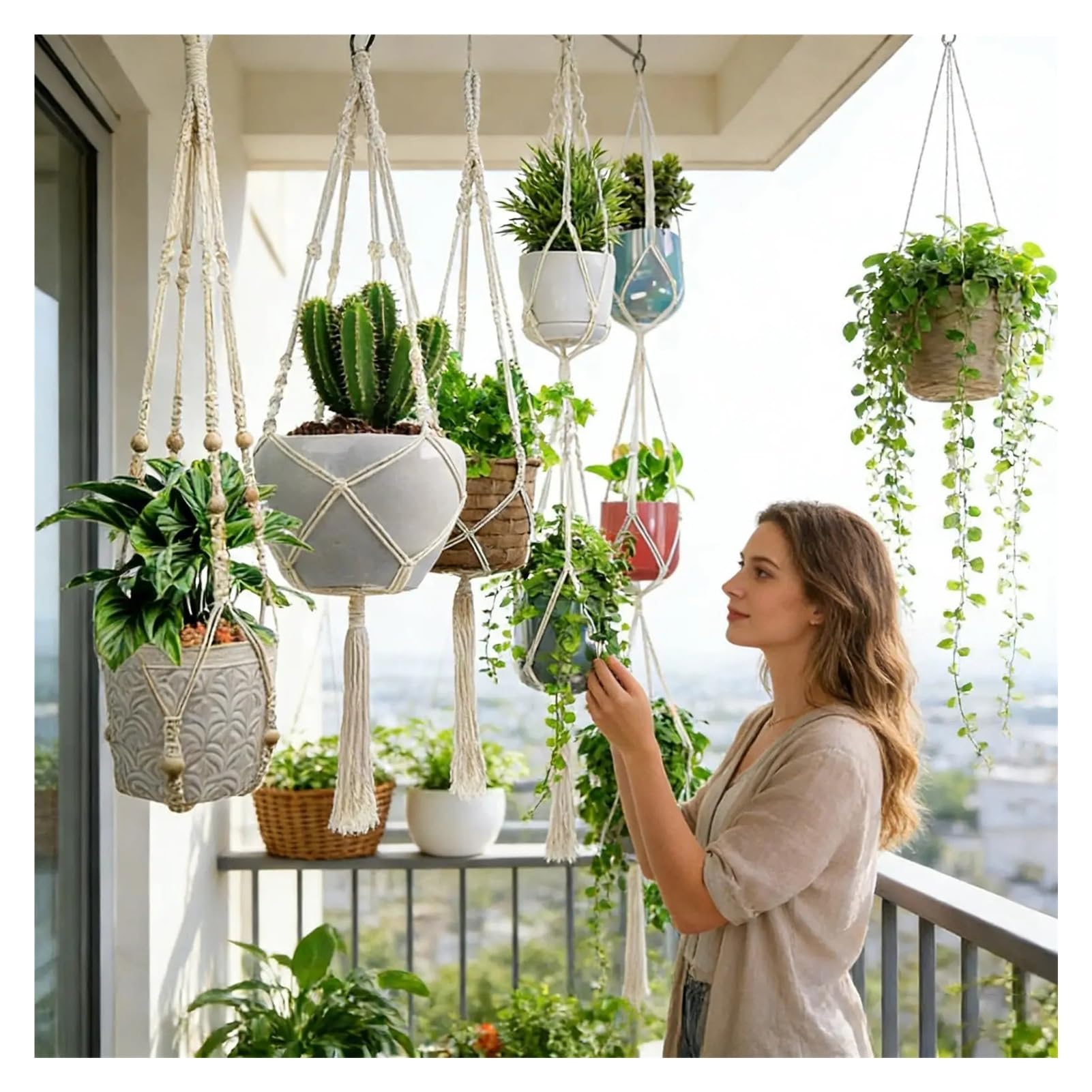 Lot de 5 suspensions en macramé pour plantes grasses, pothos, décoration de plafond (noir sans pot)