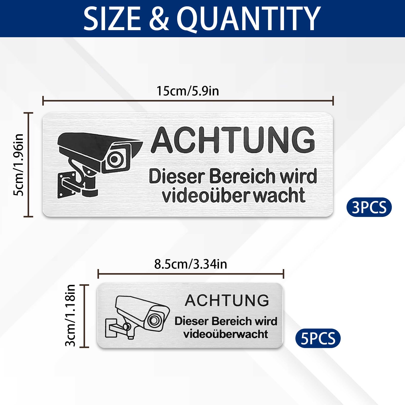 Videoüberwachung Schilder – 8 Stück, Selbstklebend, Aluminium, Für Privatgrundstück, Schulen, Garagen