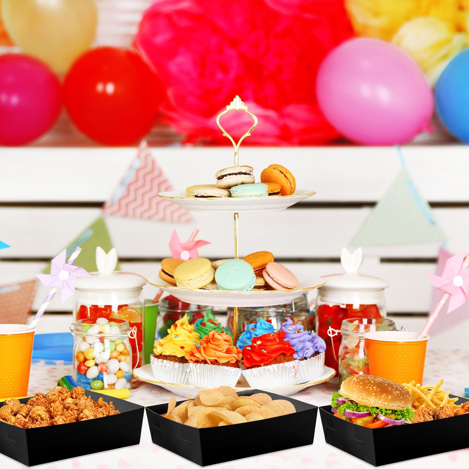 Mifoci 100 Pcs Paper Food Tray 5 lb Large Nacho Boats Paper Serving Snack Trays for 2025 Congrats Grad Party Carnival Festival Birthday Family Gathering Supplies(Black)