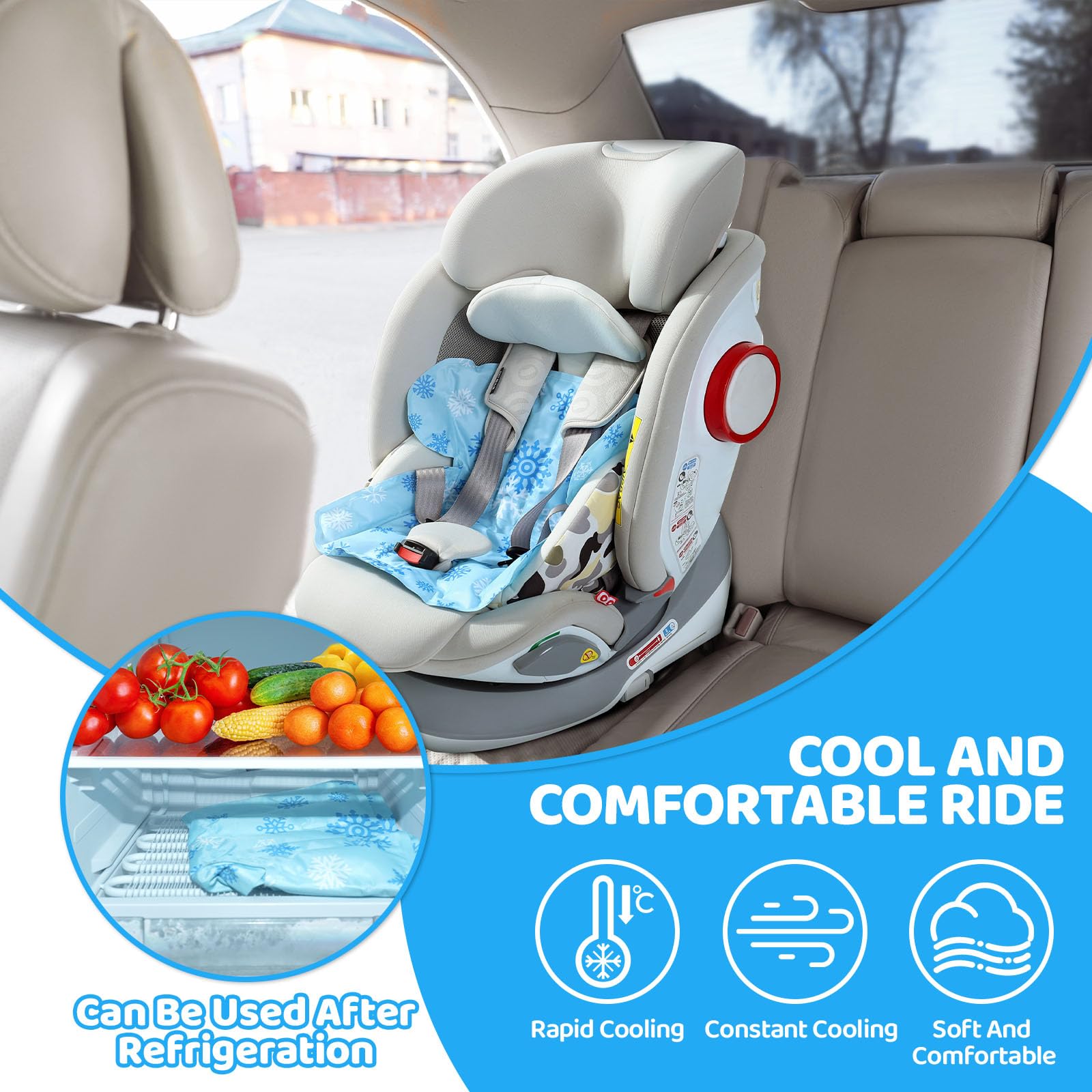 Orzbow Seggiolino Auto Bambino Cuscinetto di Raffreddamento in Gel, Reversibile Seduta Auto Bambini per Vasino con EVA, Adatto ai Passeggino, Seggiolino Auto per Bambini, Blu