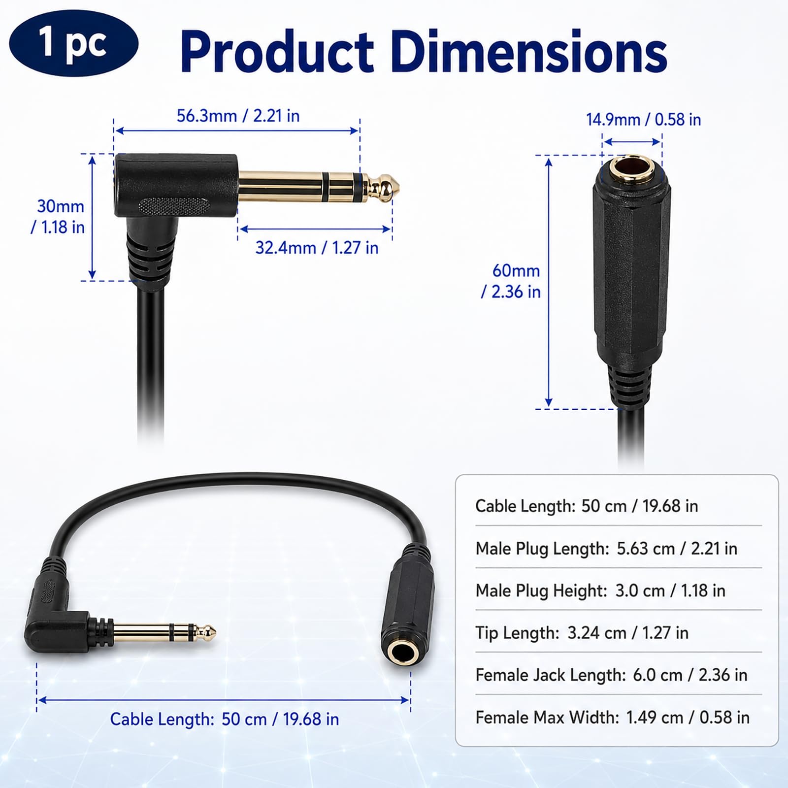 6 35 Stecker auf Buchse, Rechtwinklige 6 35 kabel Verlängerungskabel Rechtwinklig 0,5m 1/4 Zoll TS Mono Stecker Buchse Audio Kabel mit vergoldeten Kontakten für Mixer Lautsprecher Studio Equipment