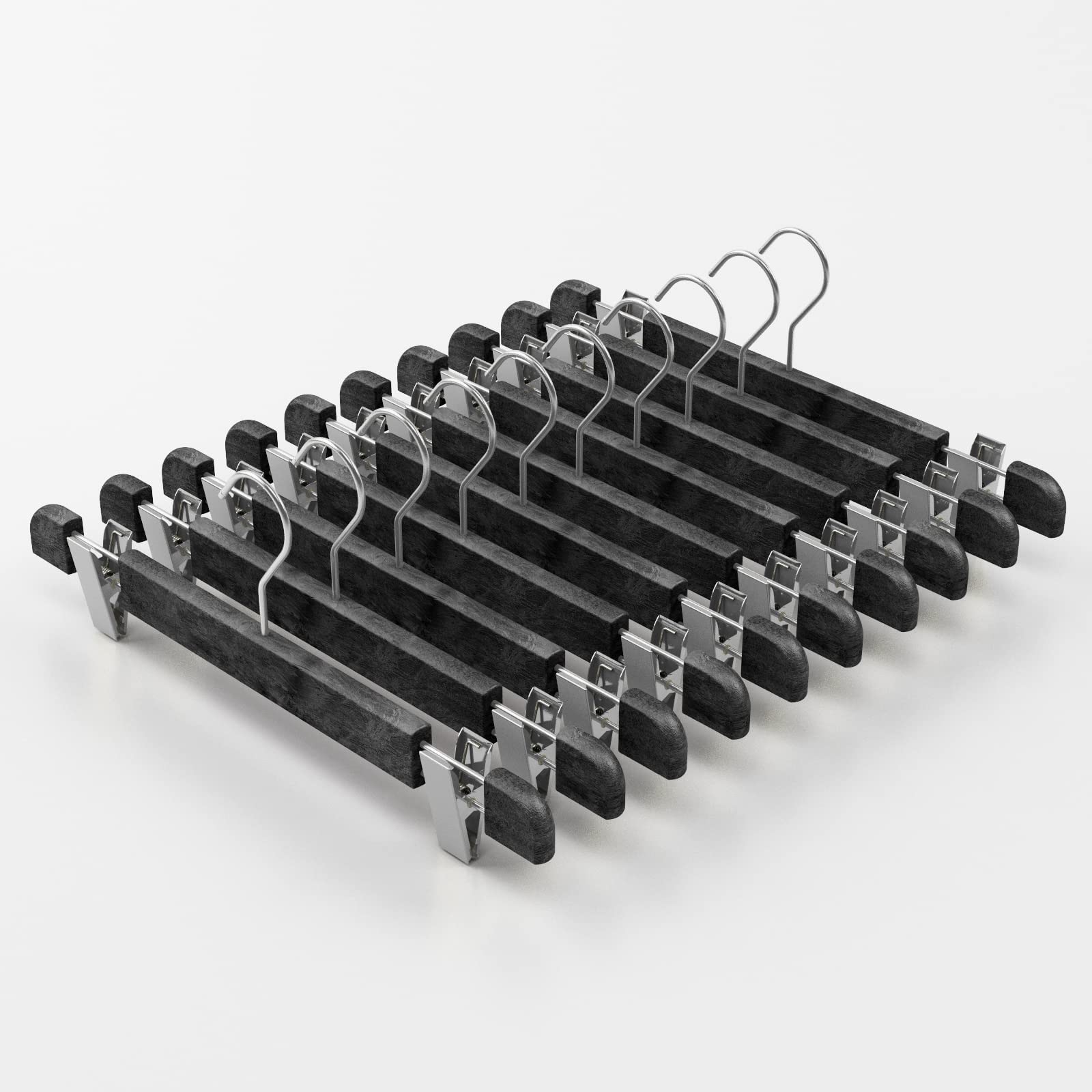 Mainetti Appendini per Gonne, Pantaloni Uomo Donna, Grucce in Plastica Salvaspazio, con Clip Antiscivolo in Metallo, Effetto Venature Legno, Made in Italy, Set 10 Pezzi (Nero, gancio zincato, 38 cm)