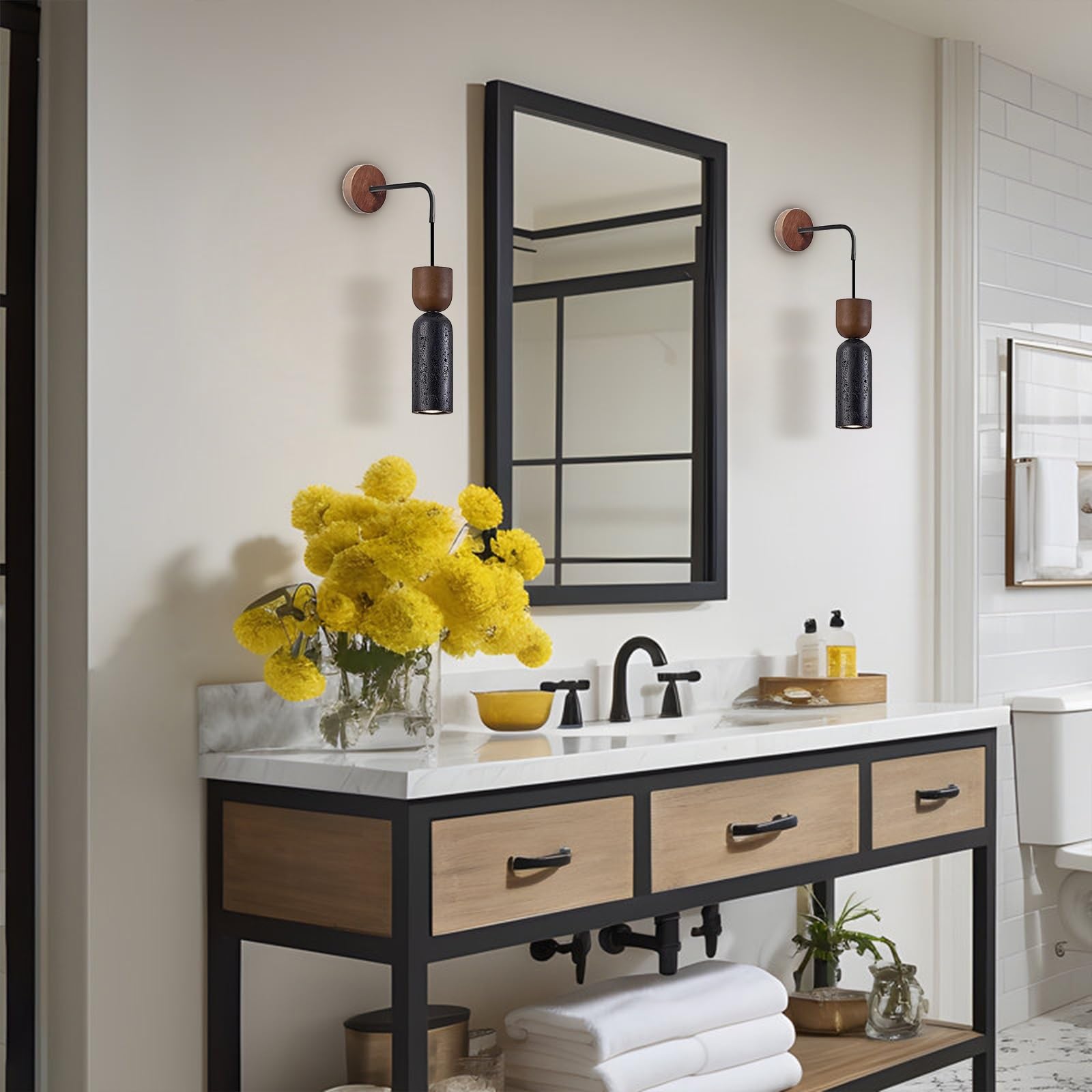 Aplique de pared de travertino, lámpara de pared de mármol | Lámpara de pared estilo wabi-sabi japonés con pantalla de piedra Natural for mesita de noche, dormitorio(Black)