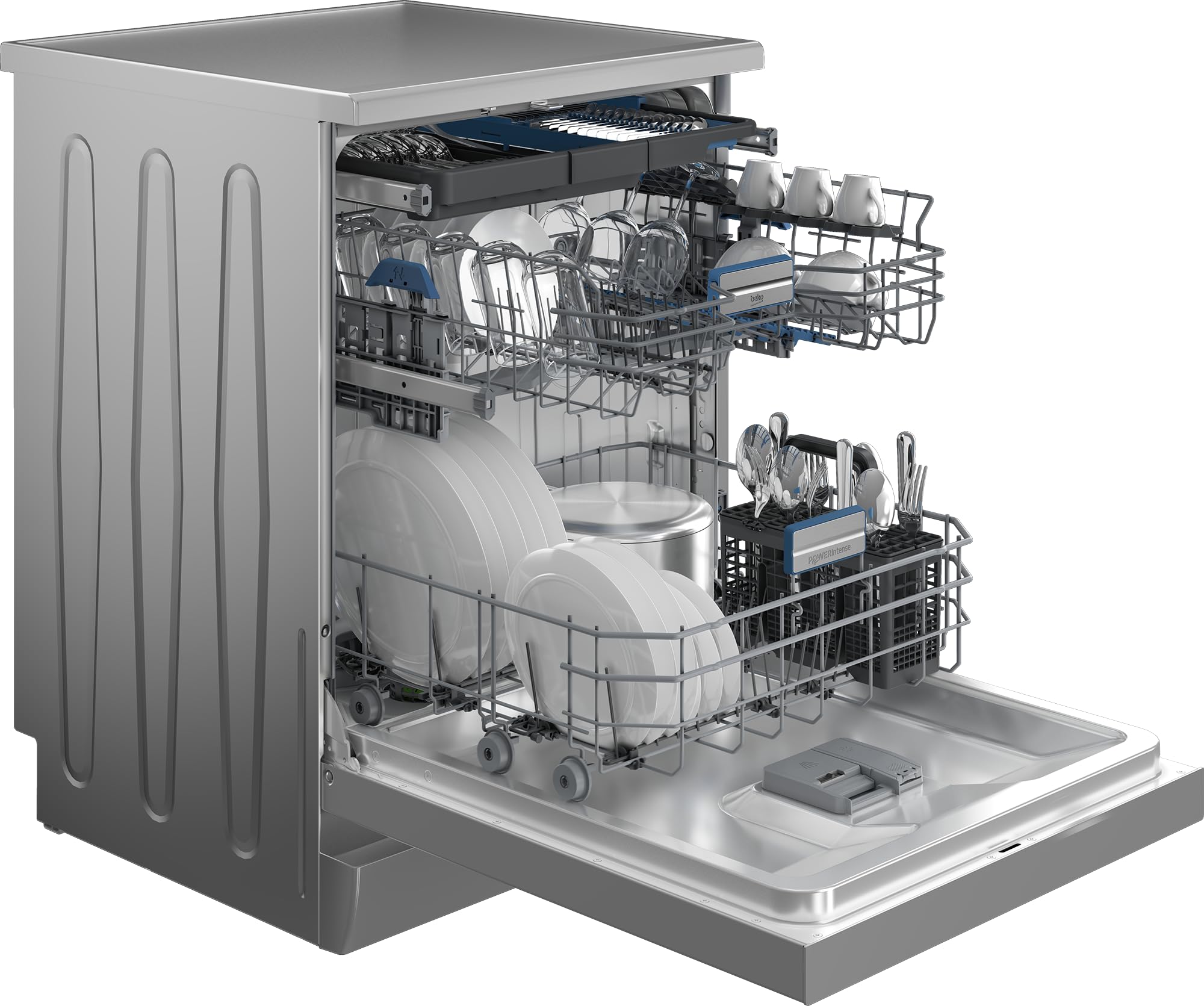 Beko BDFN36541XP Geschirrspüler 60 cm, freistehend und unterbaufähig, für 15 Maßgedecke, 6 Programme, 6 Zusatzfunktionen, 3 Spülebenen, PowerIntense, SilentWash, SelfDry, Edelstahl
