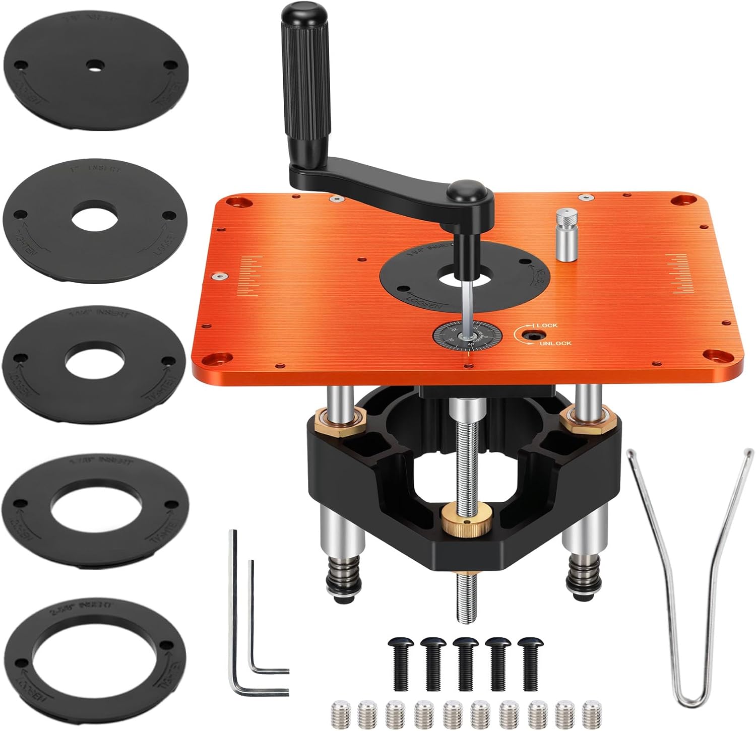 3-1/2" Router Lift System, Precision Router Table Lift for 3-1/2" Diameter Motor, 9-1/4'' x 11-3/4'' Plate 5-Piece Insert Ring Kit Compatible with Bosch, Kreg, Skil, Porter, DeWalt, Craftsman, Ridgid