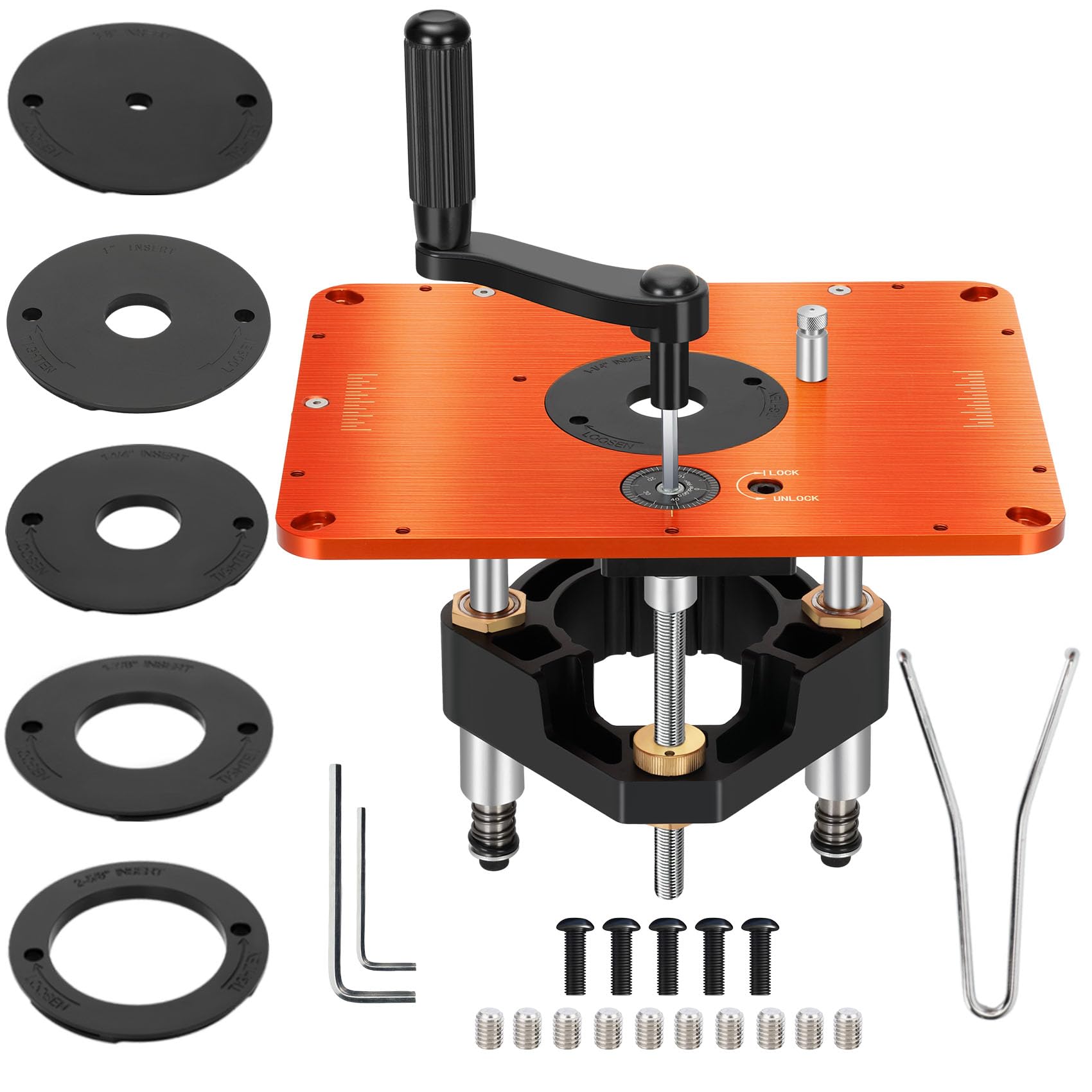 3-1/2" Router Lift System, Precision Router Table Lift for 3-1/2" Diameter Motor, 9-1/4'' x 11-3/4'' Plate 5-Piece Insert Ring Kit Compatible with Bosch, Kreg, Skil, Porter, DeWalt, Craftsman, Ridgid
