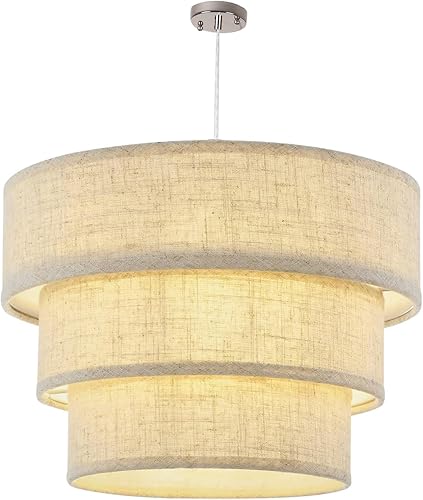Candelabro de tambor de lino de 3 niveles, lámpara colgante de techo moderna E26, lámpara colgante redonda ajustable para dormitorio, sala de estar,