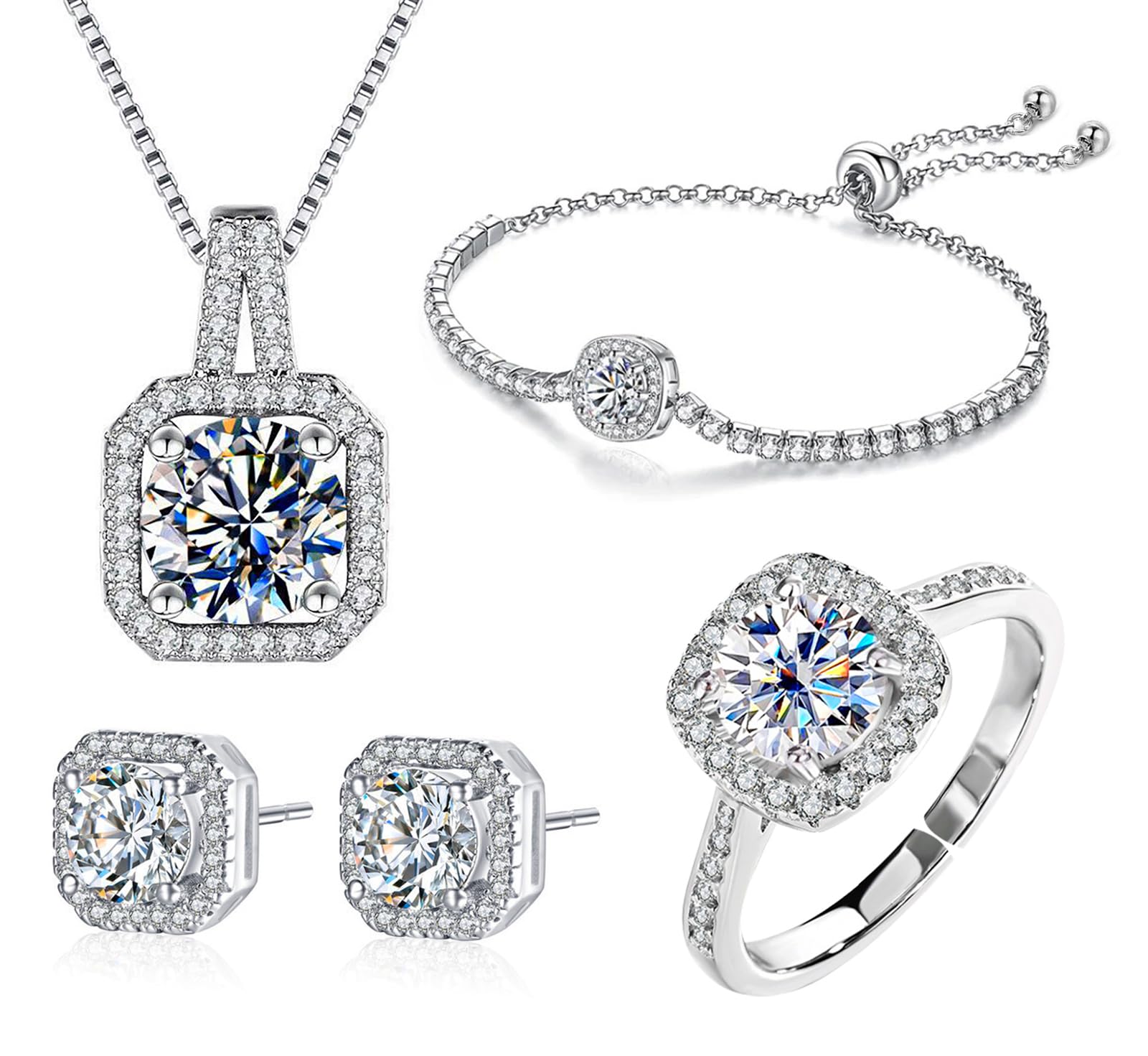 Wovanoo Women 4Pieces Cubic Zirconia Jewellery Set Rhinestone Necklace Earrings Bracelet Ring