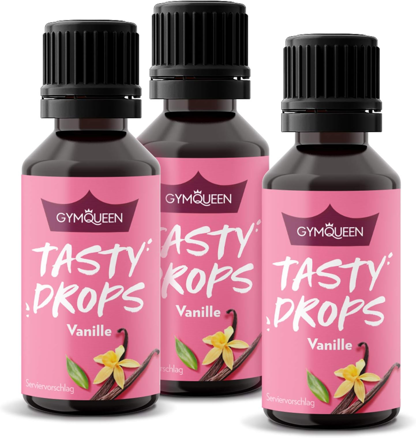 GymQueen Tasty Drops 3x30ml, Calorie Free, Sugar Free and Fat Free Flavour Drops, Aroma Drops for Sweetening Food, Flavour Drops without Artificial Colouring, Vanilla