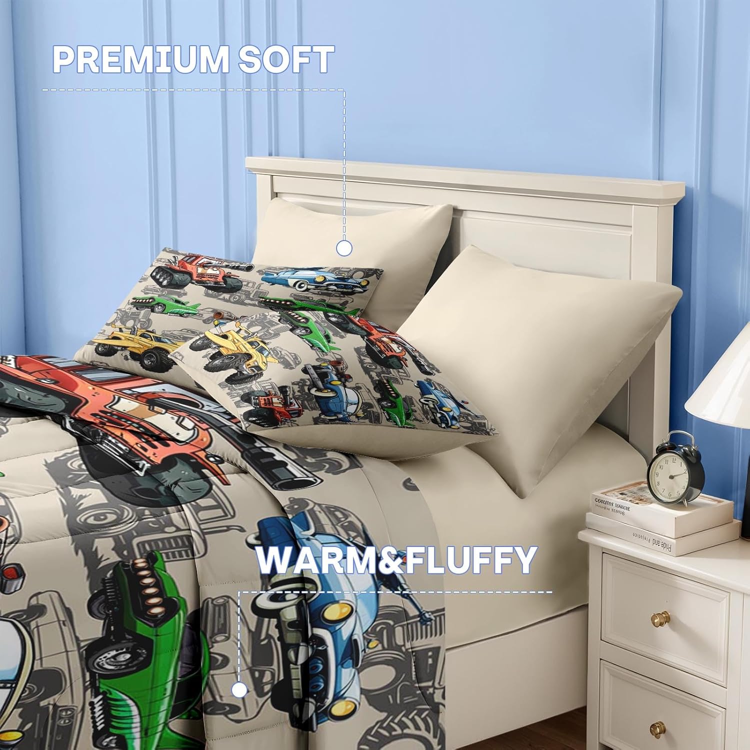 Nesker 5 Pcs Car Comforter Set Twin Size, Colorful Race Car Boys Bedding Brown Bed in a Bag for Kids and Adults, Retro Green Truck Bed Sheet Sets with Fitted Sheet Pillowcases & Shams - Image 7