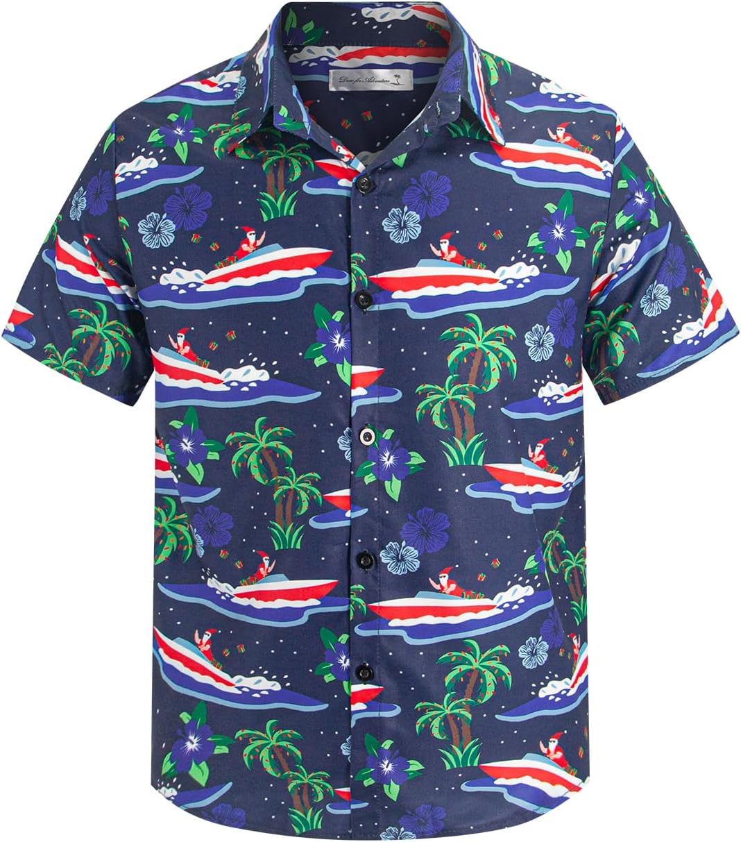 Yoimira Boys Christmas Shirt,Ugly Tropical Hawaiian Shirts for Kids Button Down Vacation Party Short Sleeve 7-14 Years