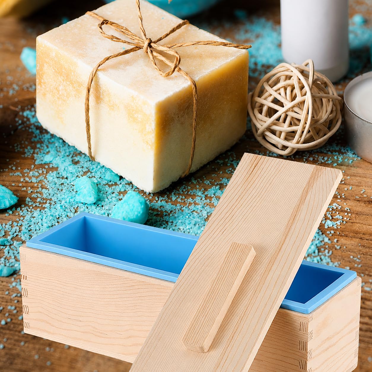 4er Seifen Silikonform, 1200ML DIY Rechteckiges Form Set aus Silikon-Seifenformen aus Holz, Handgemachte Seifenlaibform mit Holzkisten und Deckeln für Seifenherstellungszubehör Cakes (Blau)
