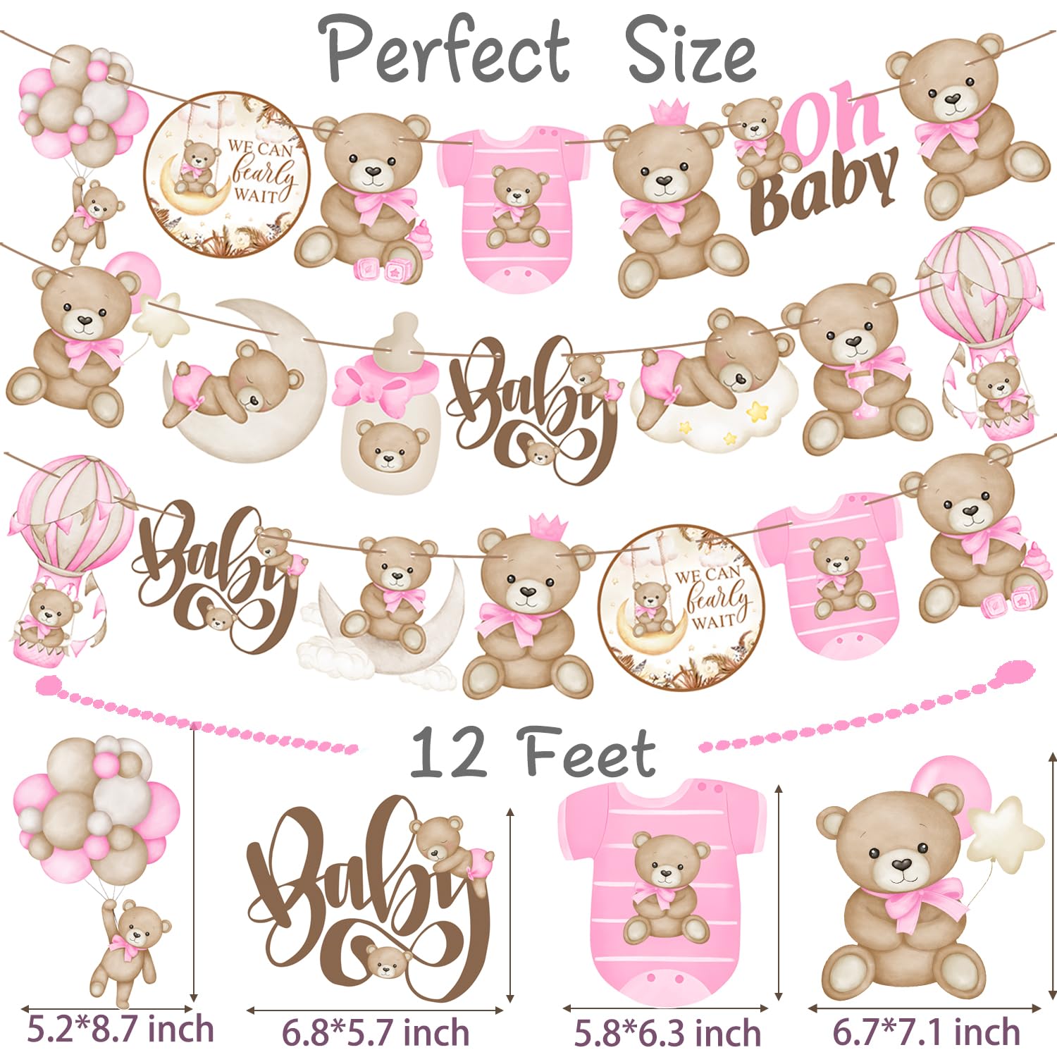 Pancartas rosas con texto en inglés "We Can Bearly Wait" para baby shower, decoración de fiesta de oso para baby shower, pancarta de oso de peluche para niñas, suministros de fiesta de cumpleaños