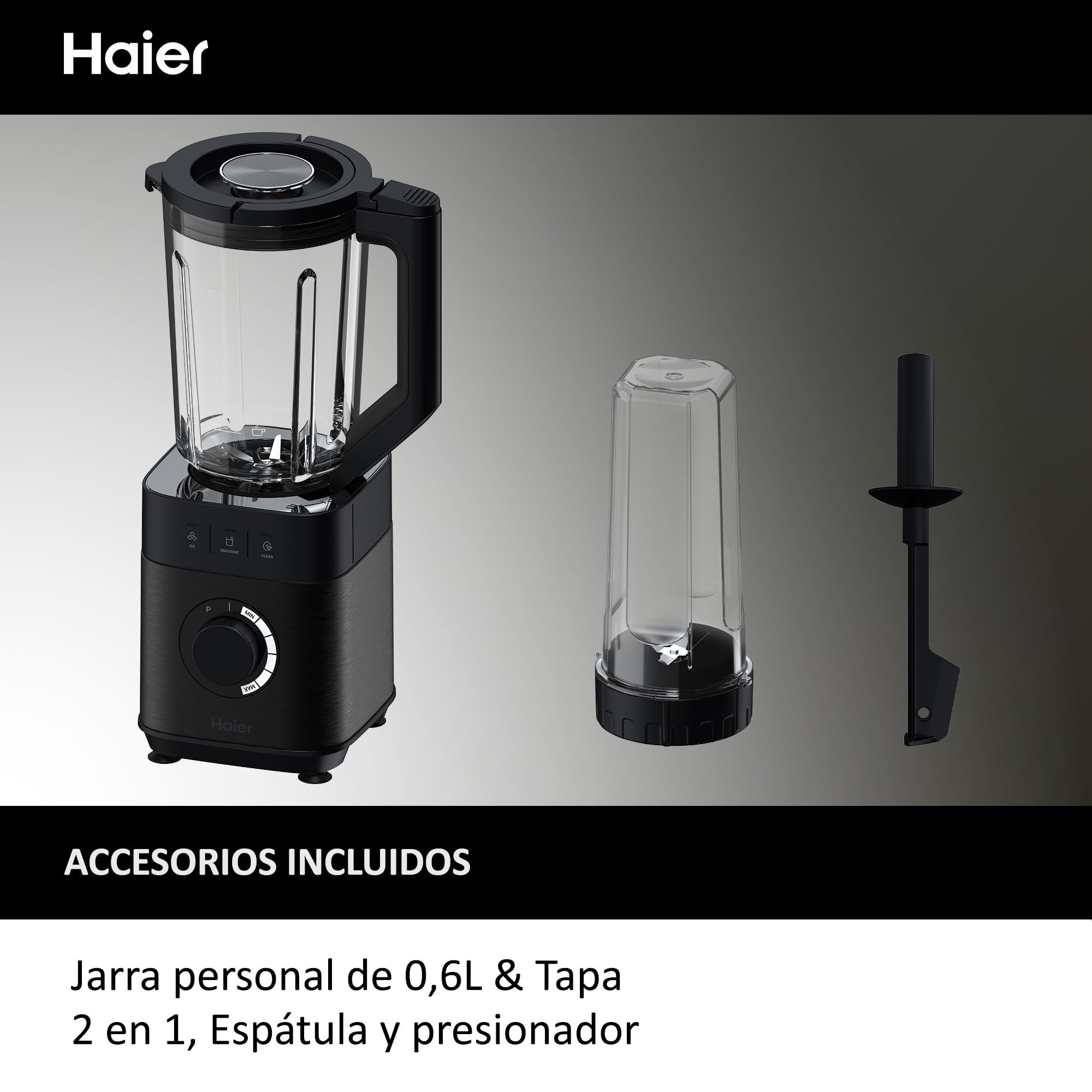 HAIER Batidora de Vaso con Triturador de Hielo, Batidora Smoothies, 5 Velocidades Variables, Limpieza Automática, Jarra de Vidrio de 1.7L, Jarra Portátil de 0.6L, 1200W [I-Master Series 5]