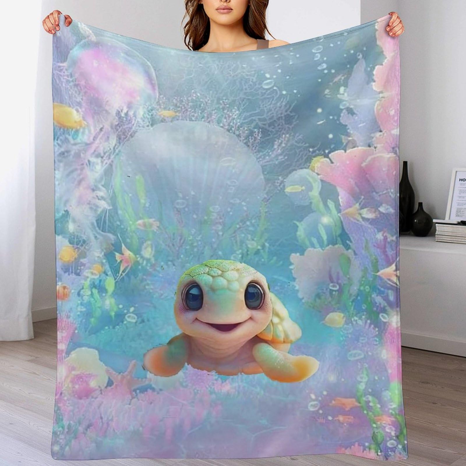 Tapis douillet tortue jet polaire 140x180cm couverture plaid chaud pour canapé