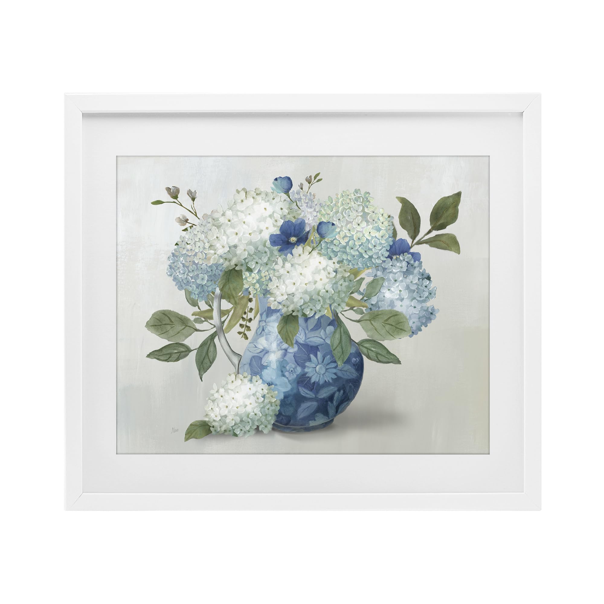 Stupell Industries Ornate Vase with Hydrangeas, Cool Floral Bouquet for Dining Room, Elegant Botanical Decor, 13 x 16 Inch Framed Matted Print Under Glass, by Nan, Made in USA Gift