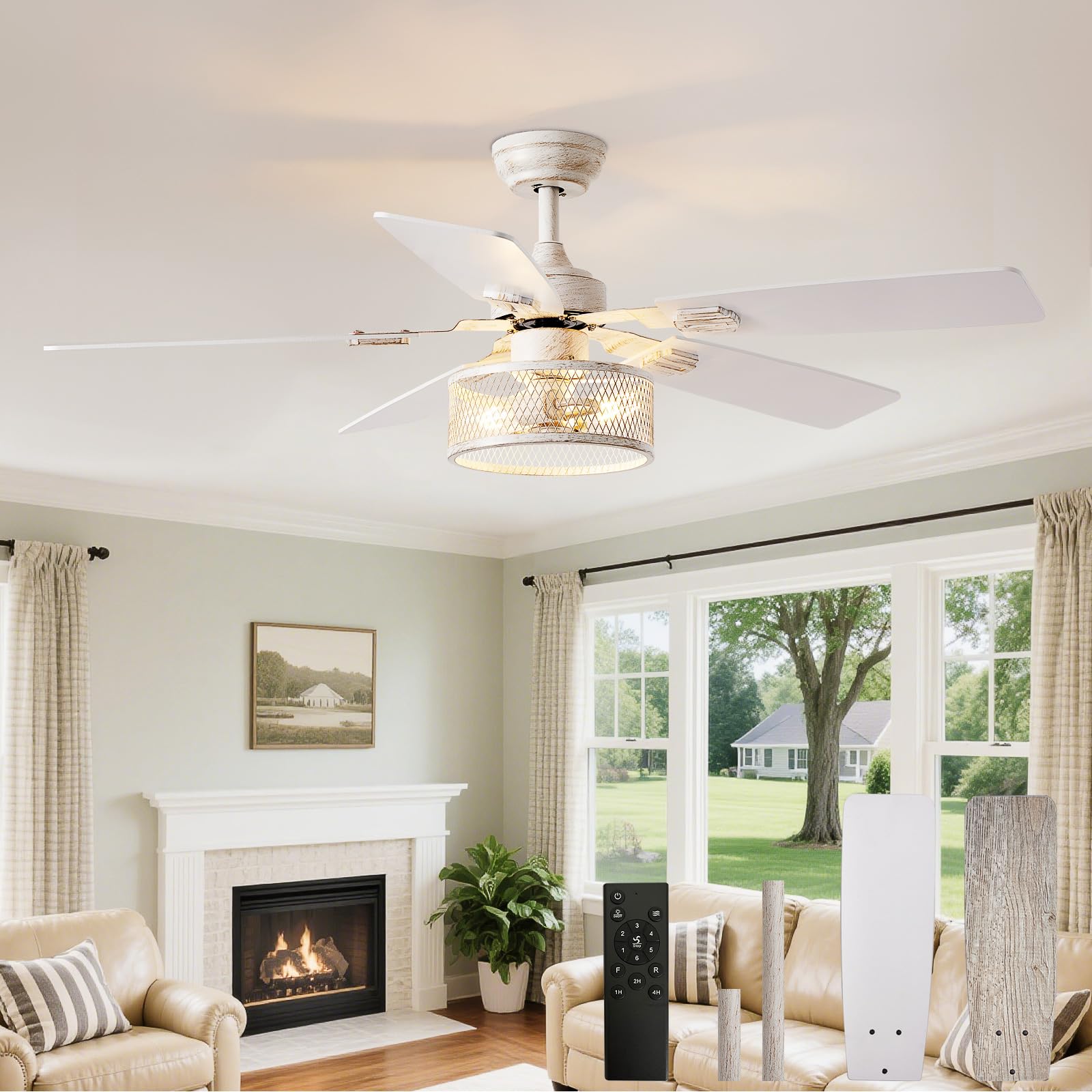 Photo 1 of Depuley 52-Inch Ceiling Fans with Lights: Caged Ceiling Fans Dual Finish 5 Blades - Rustic Ceiling Fan with Remote Control for Farmhouse Living Room Outdoor Porch Noiseless (White Grey)