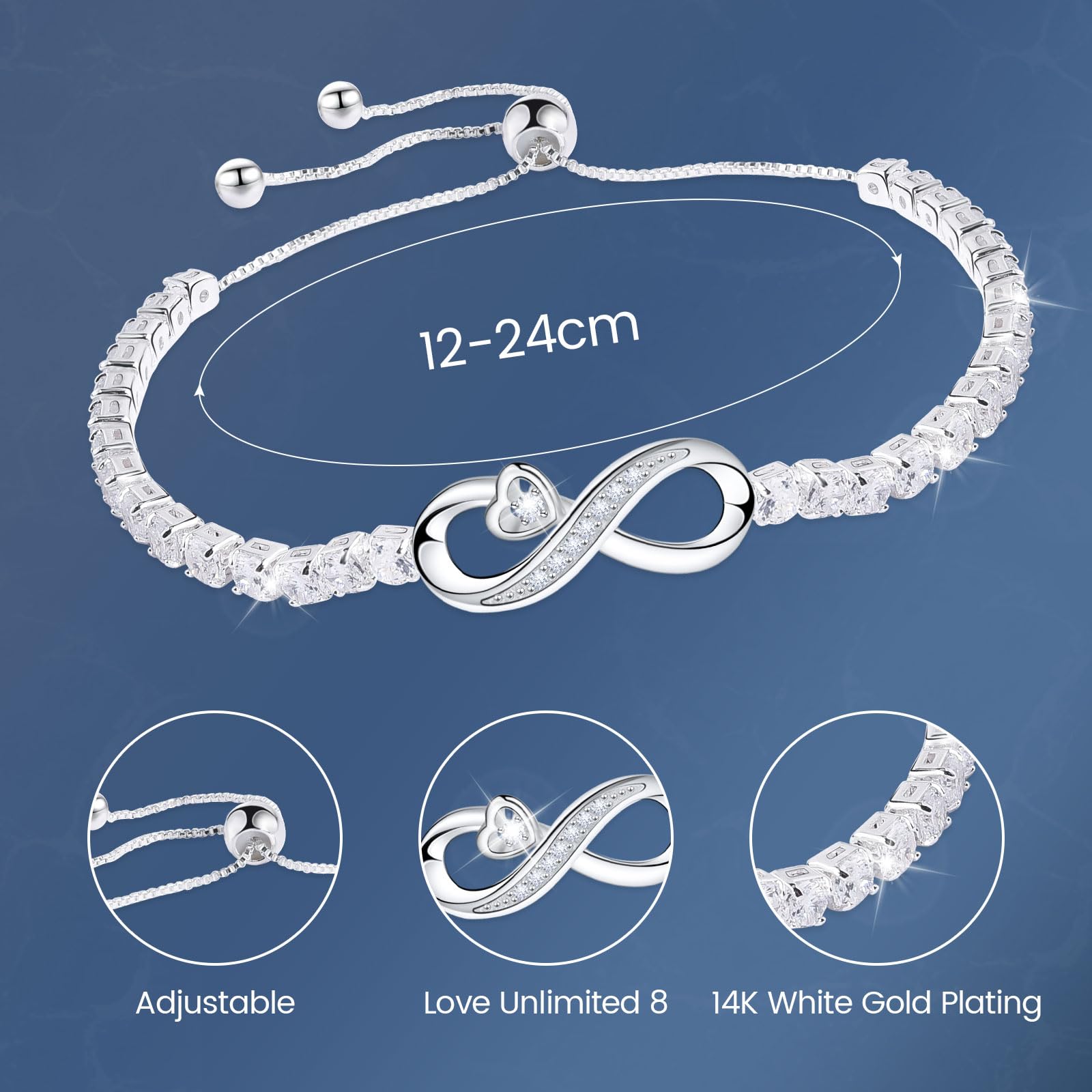 Bracciale Tennis Donna In Argento Regalo Da Donna Placcato Oro Bianco 14k Idee Di Gioielli Per Fidanzate, Madri, Amiche, Figlie, Lei