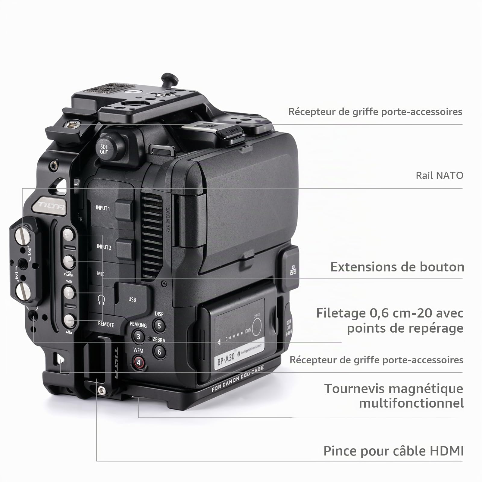 Tilta C80 Cage, Kit de Base pour Cage à Caméra Compatible avec la C80 avec Plaque Supérieure, Bras Latéraux, Fixation pour Rail NATO, Pince pour Câble HDMI ES-T25-A
