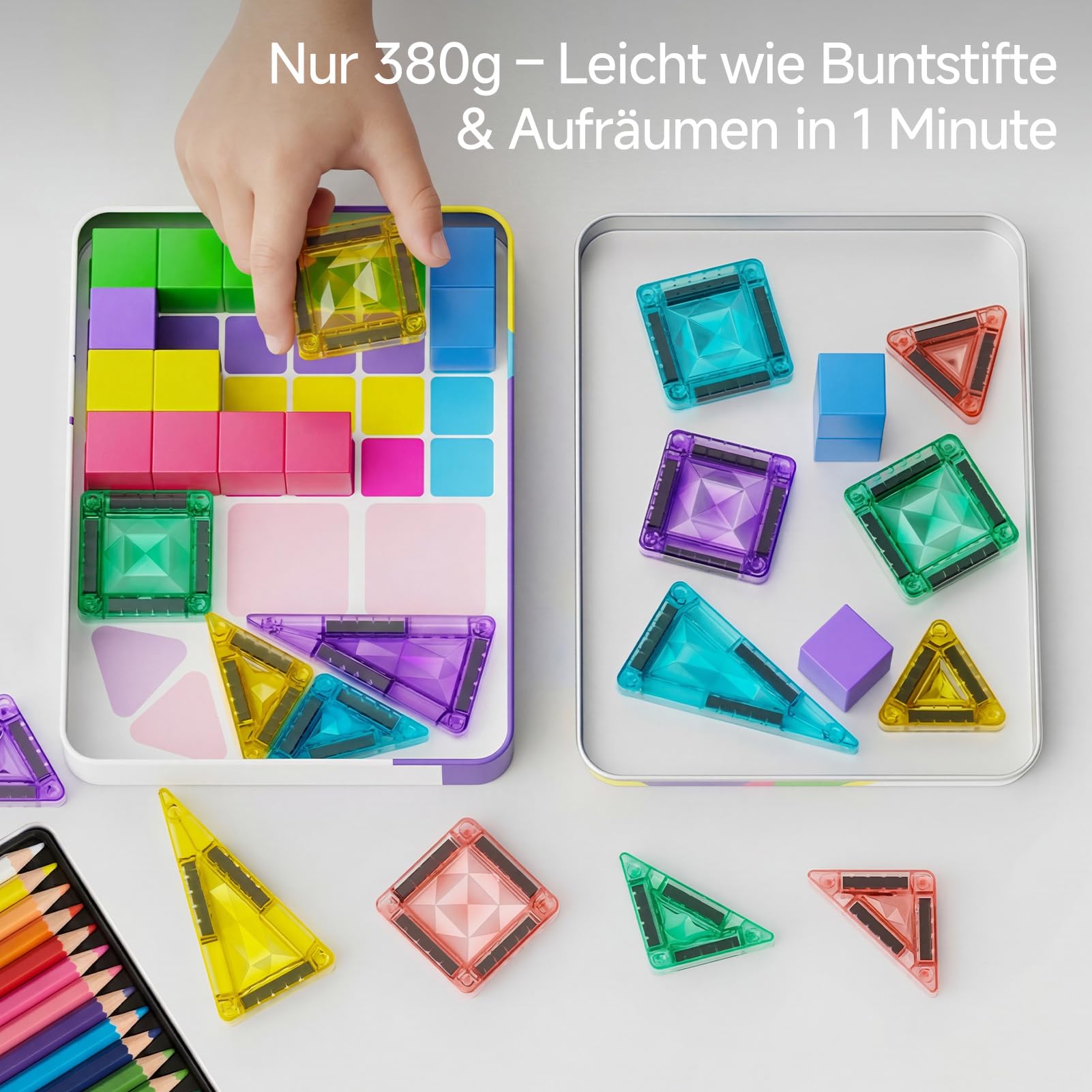 burgkidz Magnetbausteine Reise-Set 48 Teile – 3-in-1 Kompatible Magnetfliesen und Blöcke (3,75 cm / 1,875 cm) mit Ultraleicht-Metallbox für unterwegs, STEM Lernspielzeug für Kinder ab 3 Jahren