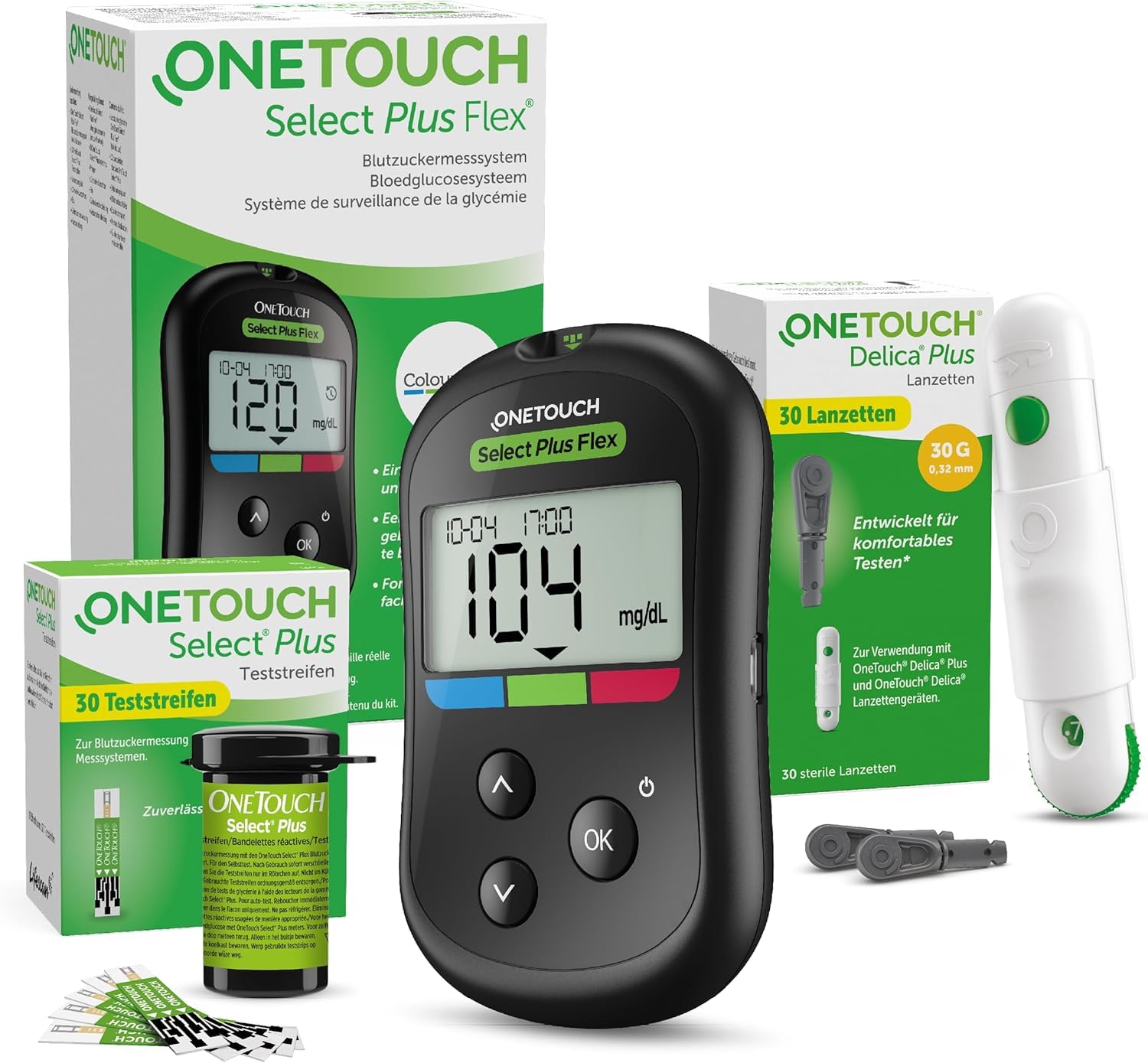 OneTouch Select Plus Flex® Blutzuckermesssystem für Diabetes (Zucker-Krankheit) I 1 Blutzucker-Messgerät (mg/dL) + 40 Teststreifen + 1 Stechhilfe + 40 Lanzetten im Etui (inkl. Batterie)