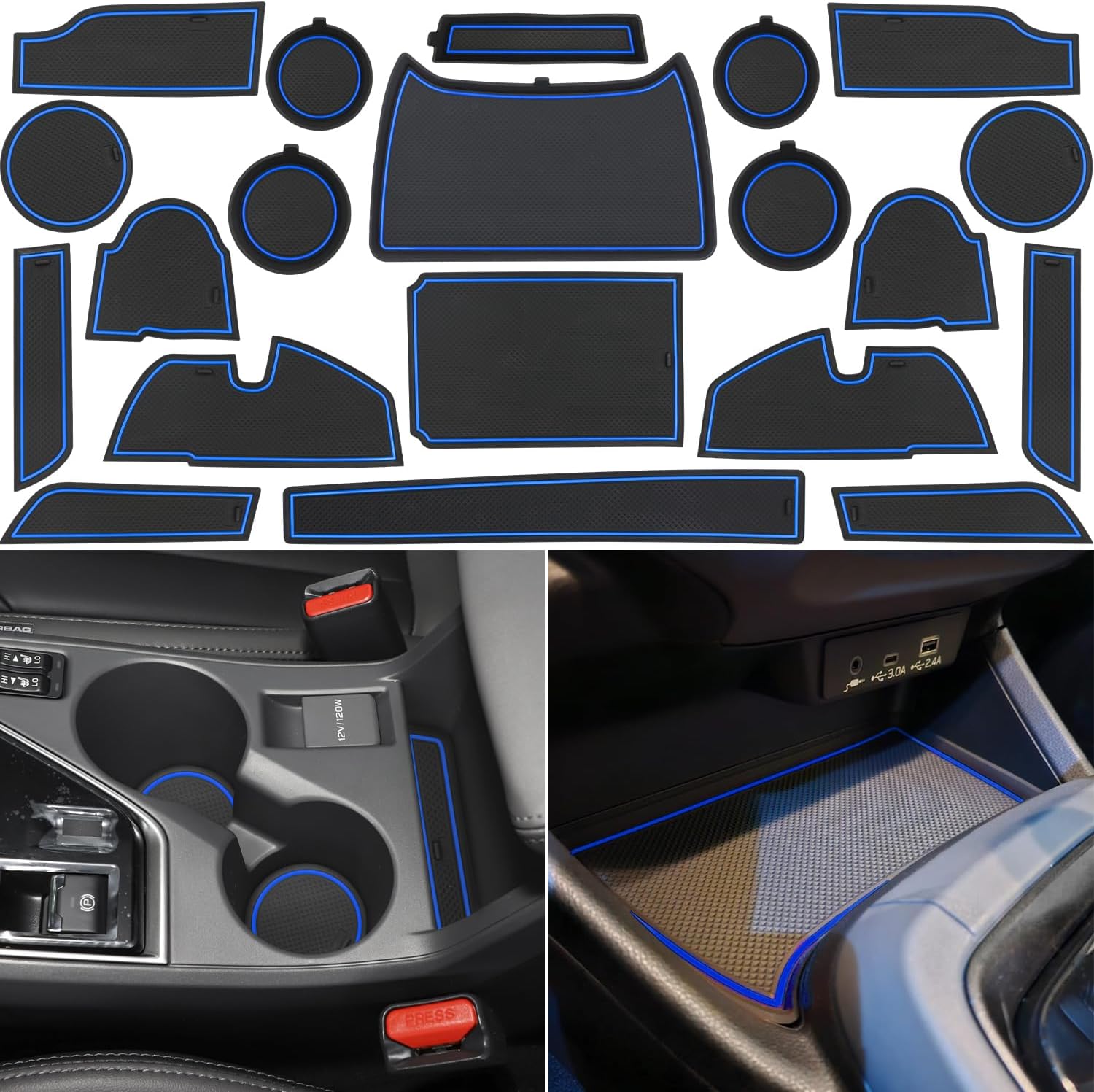 Center Console Liner for Subaru Crosstrek Accessories 2024 2025 2026, for Impreza Cup Holder Mat, Coaster Trim, Non-Slip Dust Interior, Door Slot Pad, Rubber Decoration Insert (20pcs, Blue)