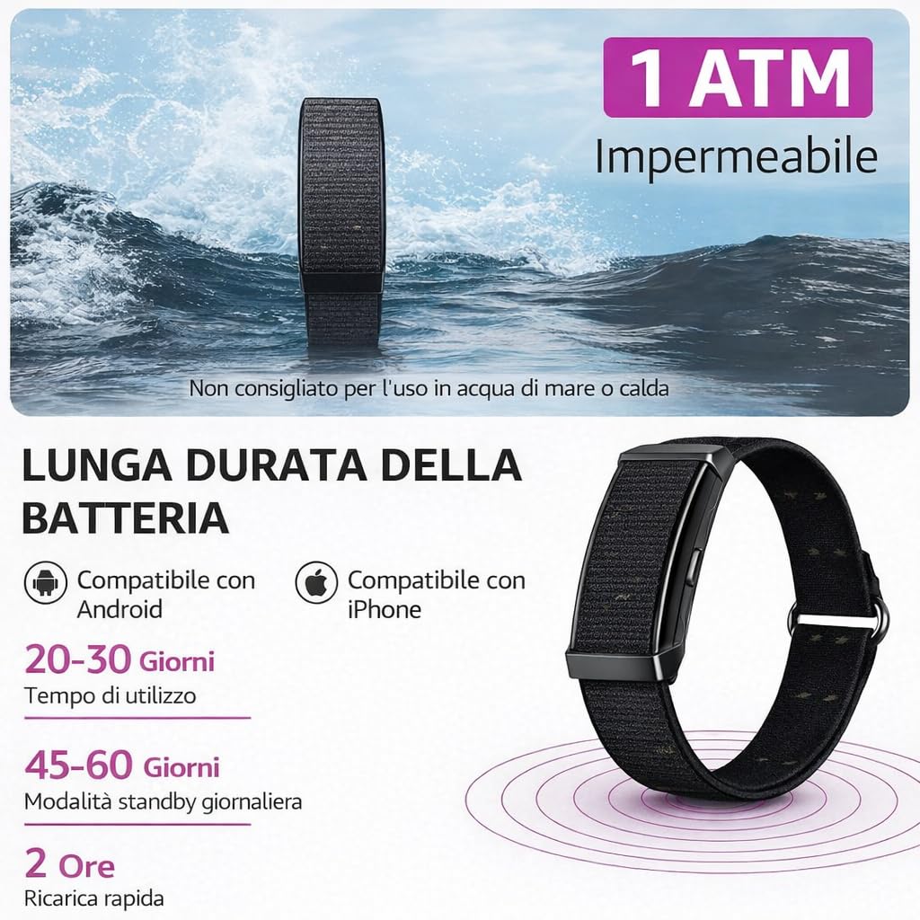 Smart Band, Braccialetto Fitness senza Schermo con GPS, Cardiofrequenzimetro, Batteria Oltre 1 Mese, SPO₂, Monitoraggio Sonno, Notifiche, Impermeabile, 2 Cinturini Nero + Arancione